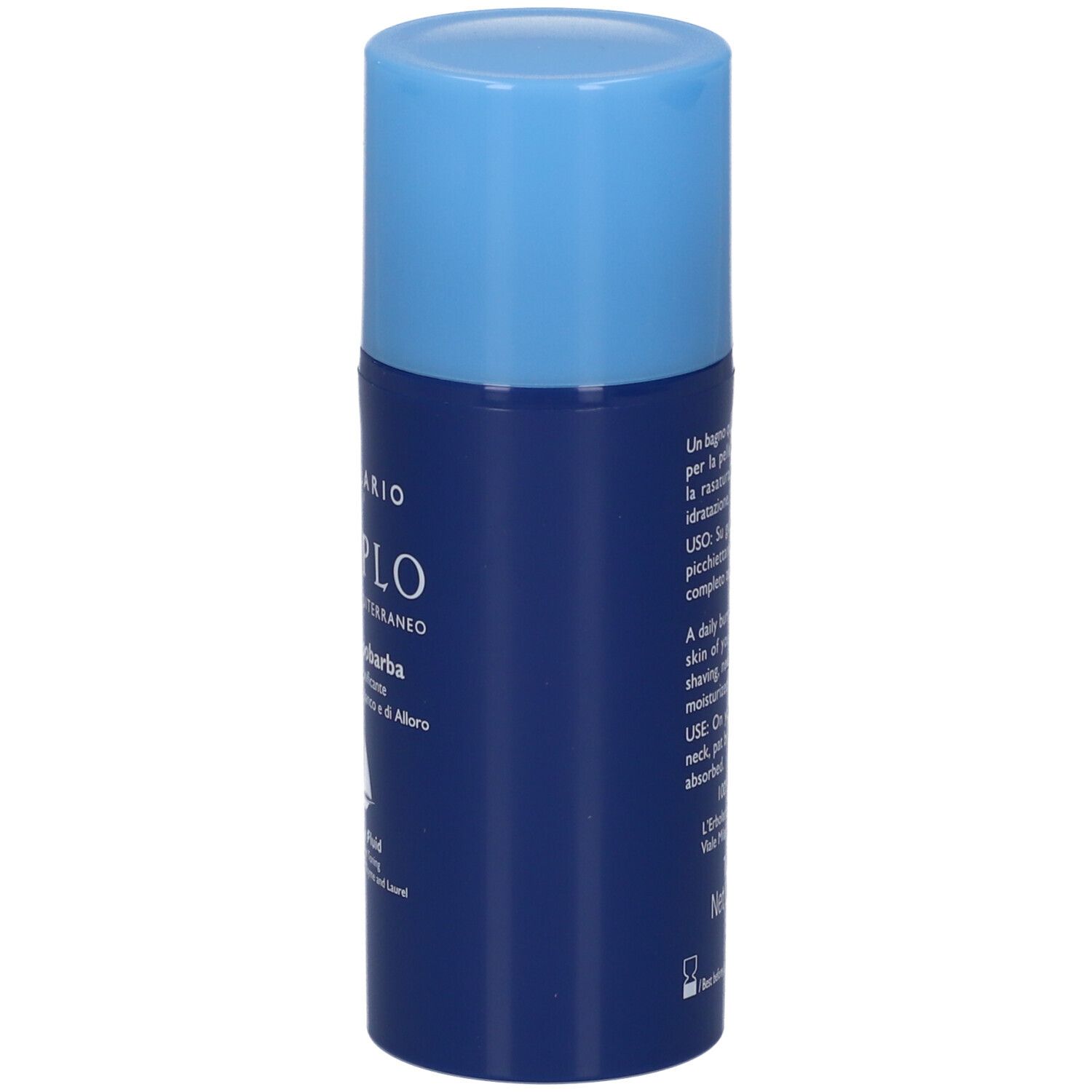 Dunkelblaue Flasche mit hellblauem Verschluss, Aufschrift 'TERAPLO' und 'MEDITERRANEO'.