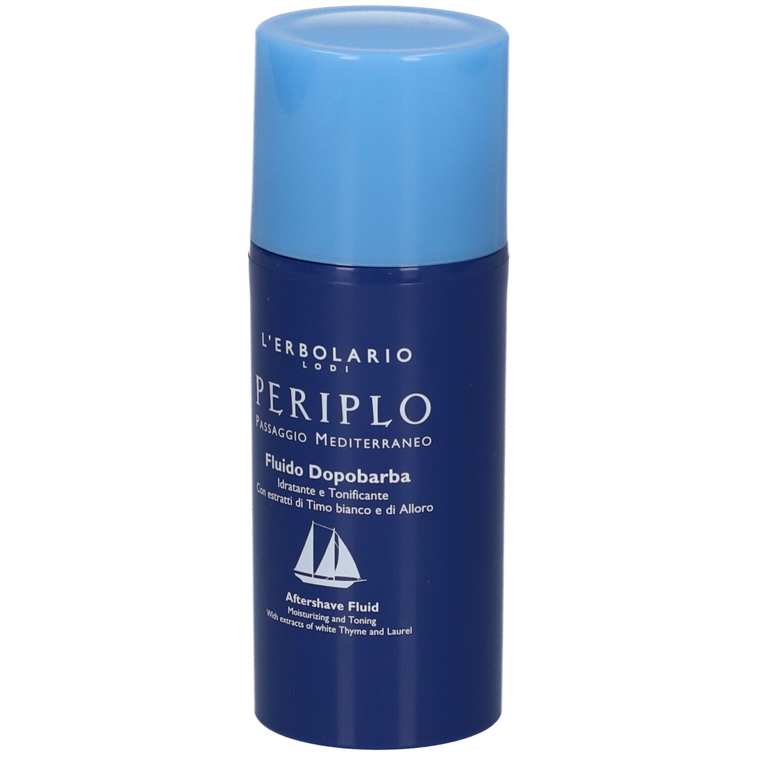 Dunkelblaue Flasche mit hellblauem Verschluss. Beschriftung: L'ERBOLARIO LODI PERIPLO, Fluido Dopobarba, Aftershave Fluid.