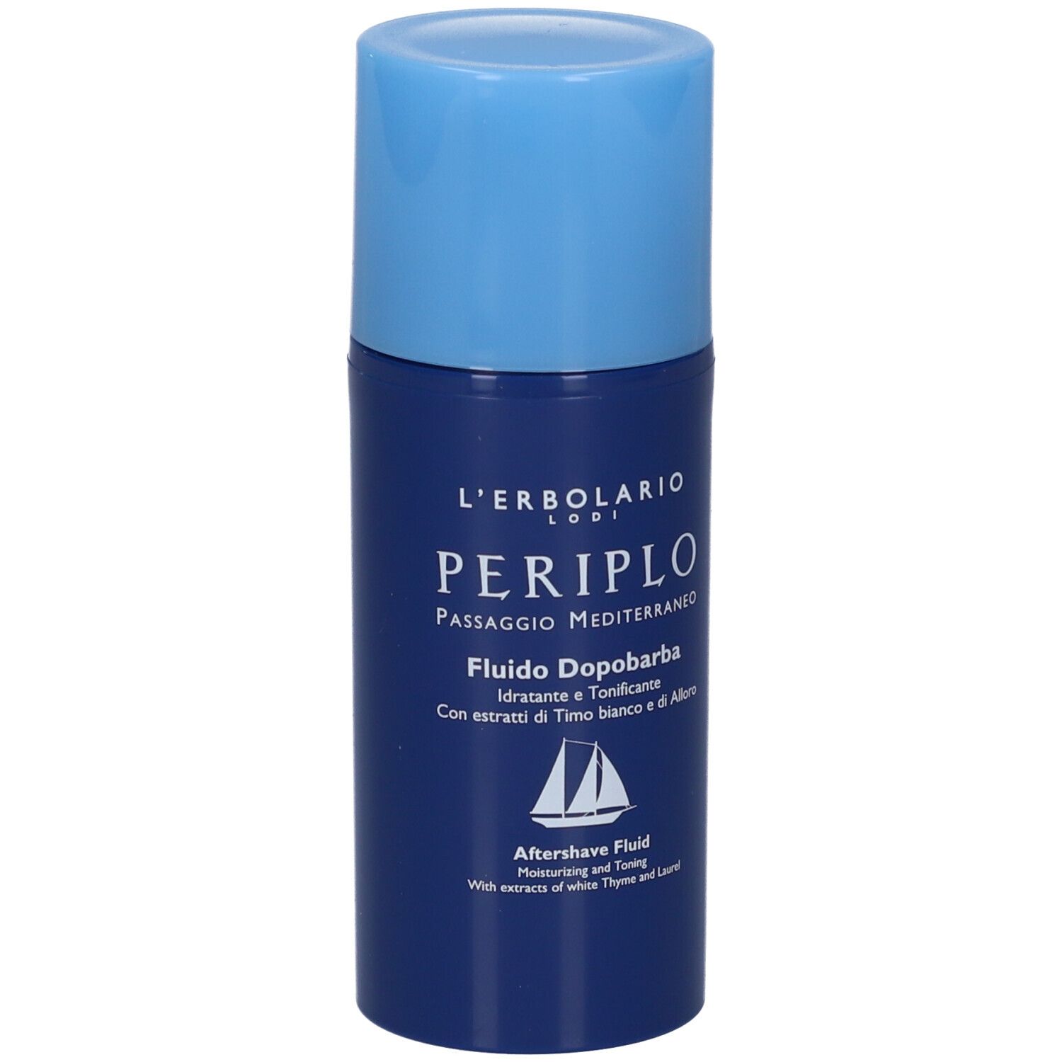 Dunkelblaue Flasche mit blauem Verschluss. L'Erbolario Periplo Aftershave Fluid. Mit weißem Thymian und Lorbeer.