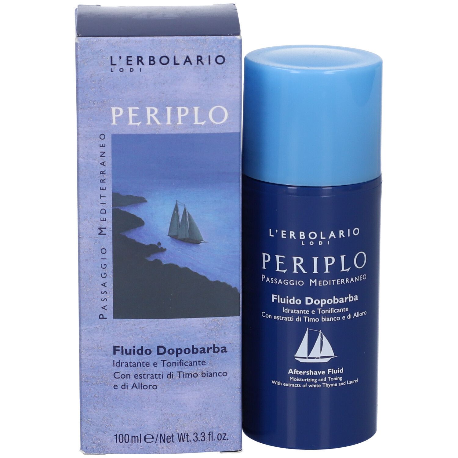 L'Erbolario Periplo Aftershave Fluid in blauer Flasche mit Schiffsabbildung auf der Verpackung.