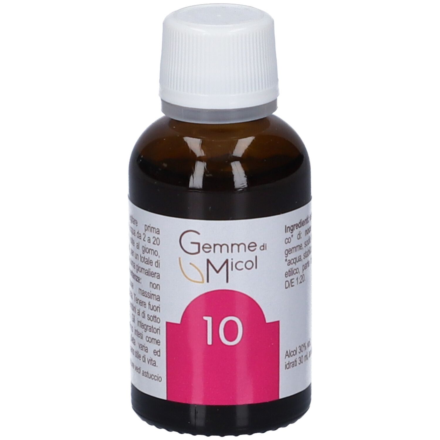 Flacone in vetro ambrato con tappo bianco e etichetta "Gemme di Micol 10".