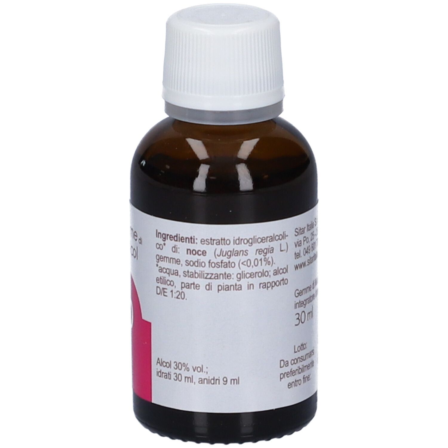 Retro di un flacone in vetro ambrato con elenco ingredienti e percentuale alcolica.