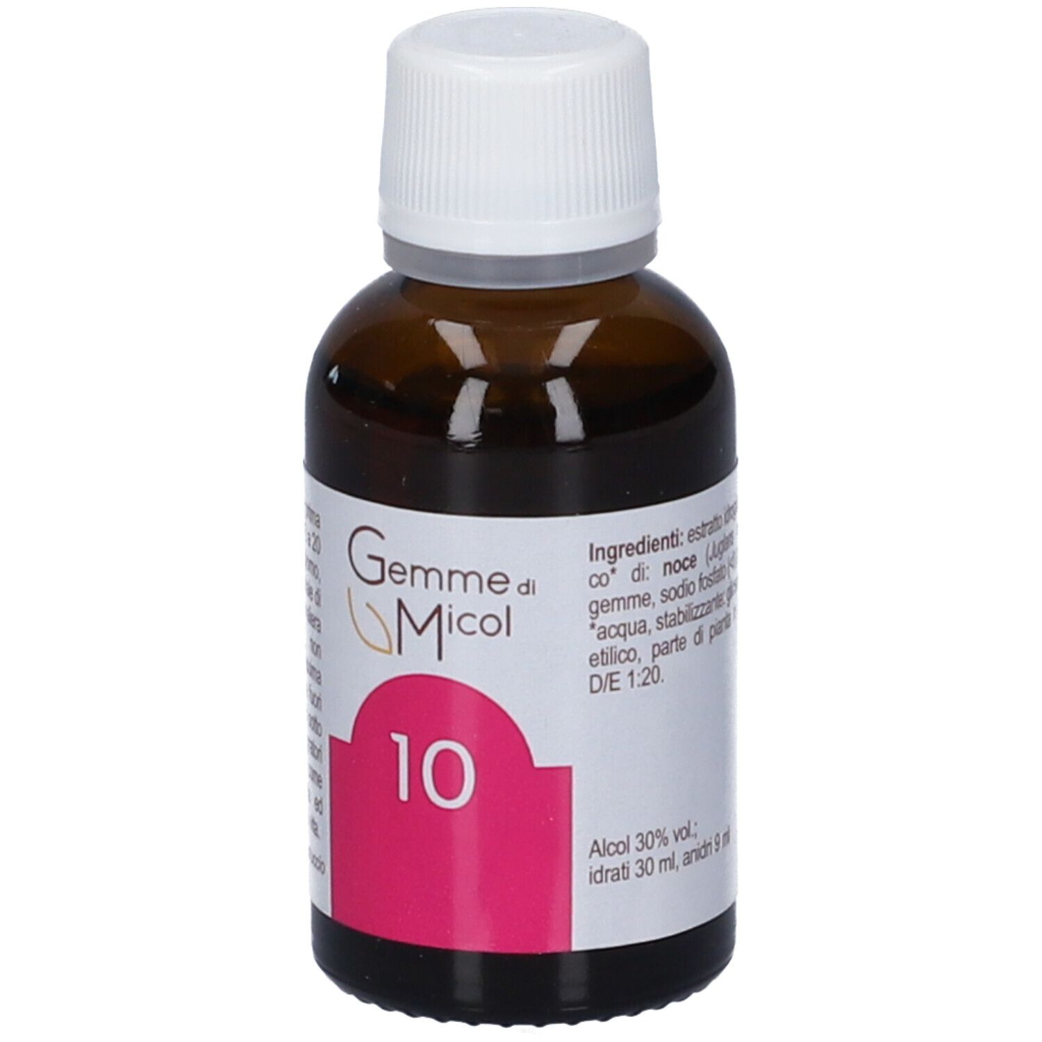 Primo piano di un flacone in vetro ambrato con etichetta "Gemme di Micol 10" e ingredienti.