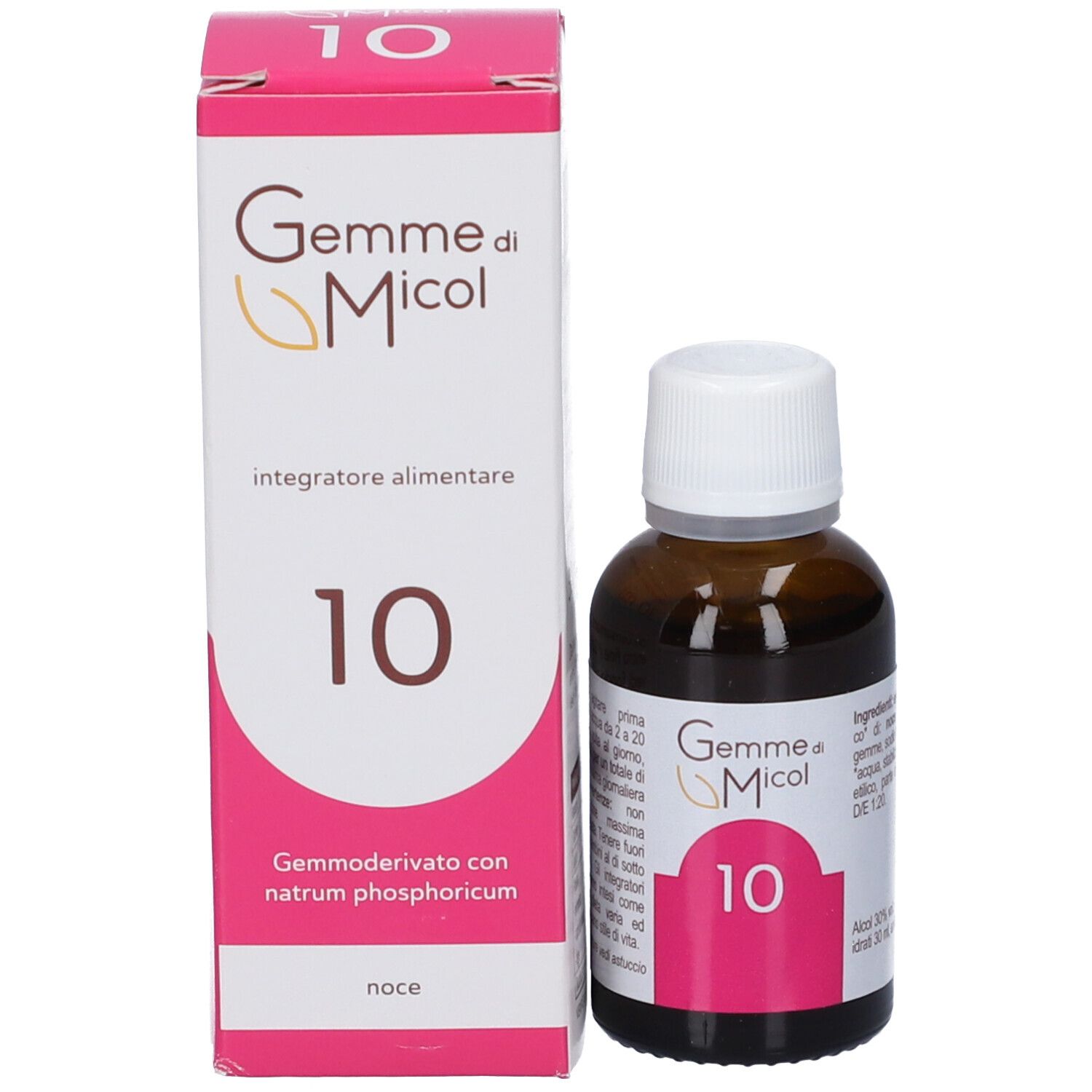 Flacone e scatola di "Gemme di Micol 10" affiancati.