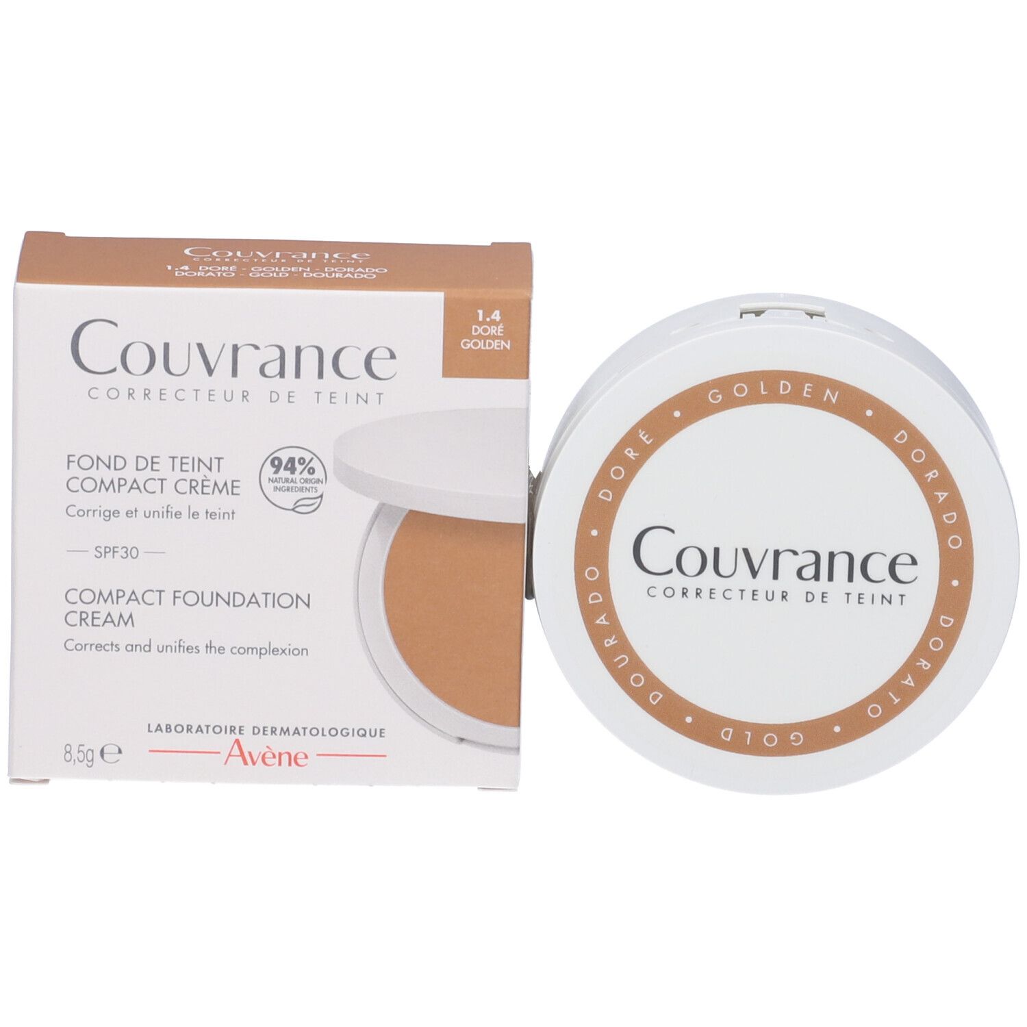Fondotinta compatto con confezione. Tonalità 1.4 Dorato. Marchio Couvrance. Contiene 8,5 g.