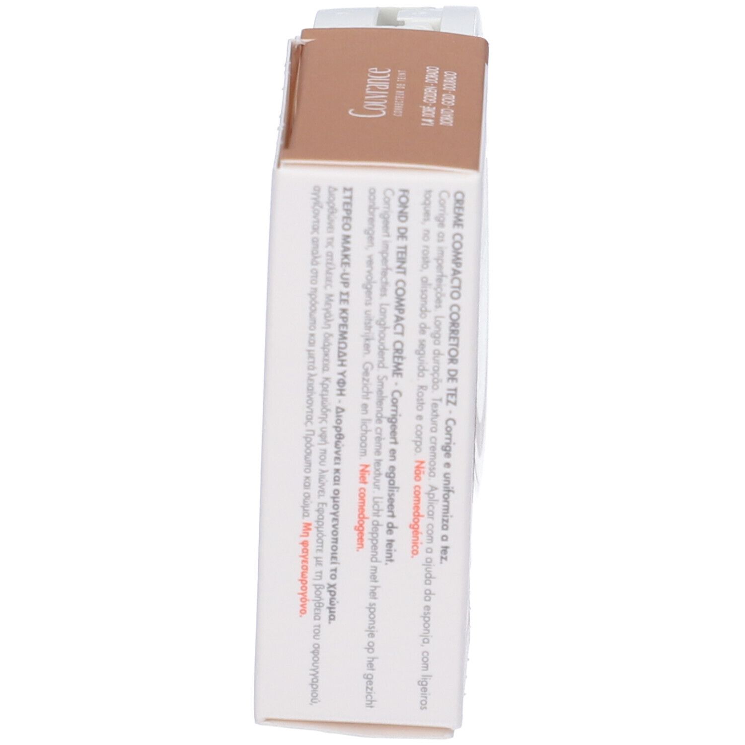 Confezione del fondotinta compatto. Testo multilingue. Marchio Couvrance.