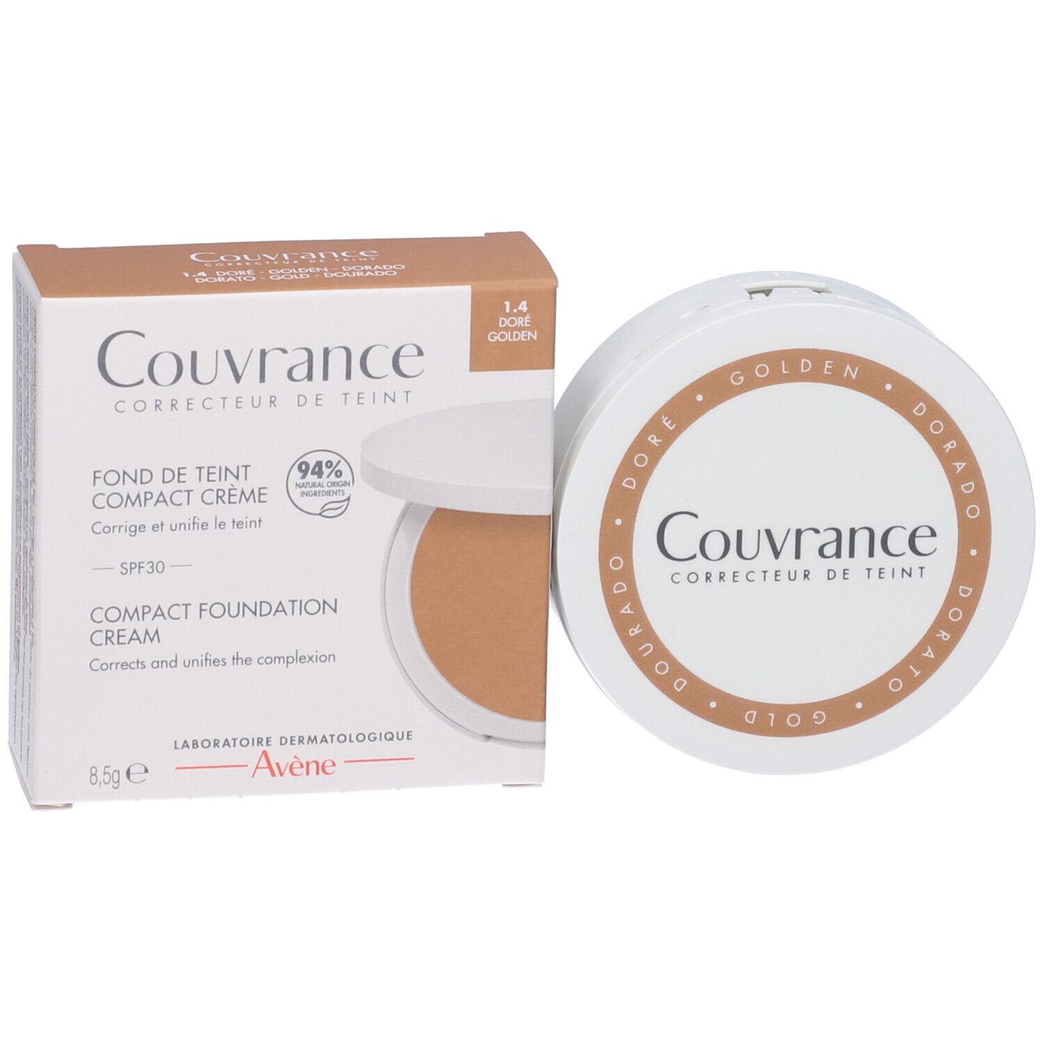 Fondotinta compatto con confezione. Tonalità 1.4 Dorato. Marchio Couvrance. Contiene 8,5 g.