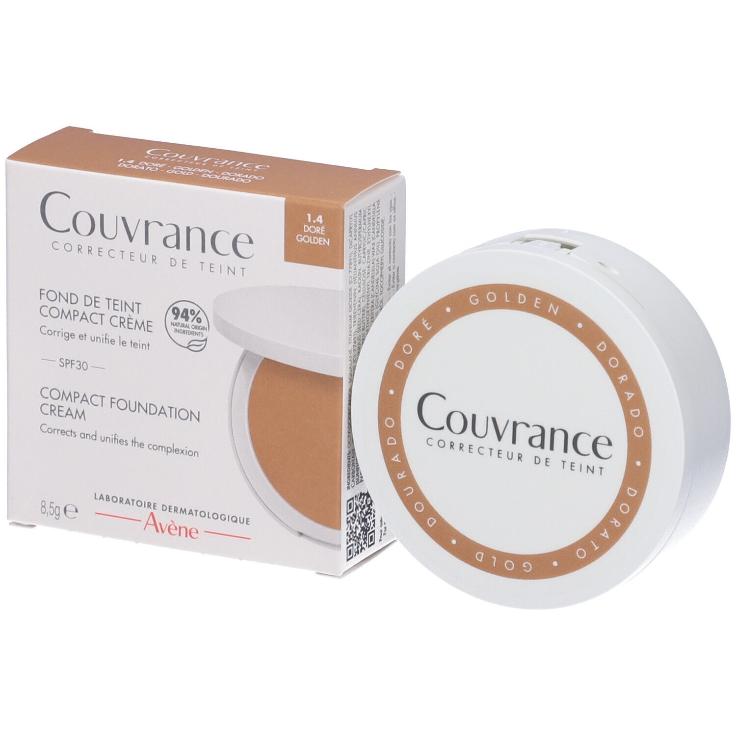 Fondotinta compatto con confezione. Tonalità 1.4 Dorato. Marchio Couvrance. Contiene 8,5 g.