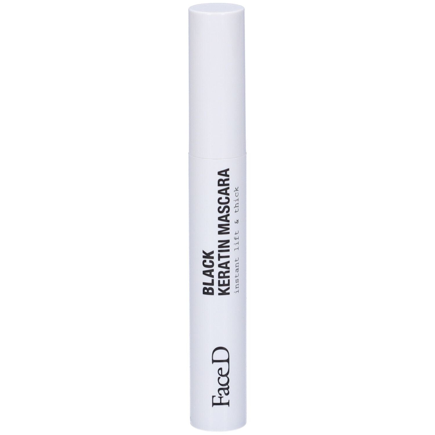Contenitore di mascara bianco con testo nero: Black Keratin Mascara, FaceD. Instant Lift & Thick.