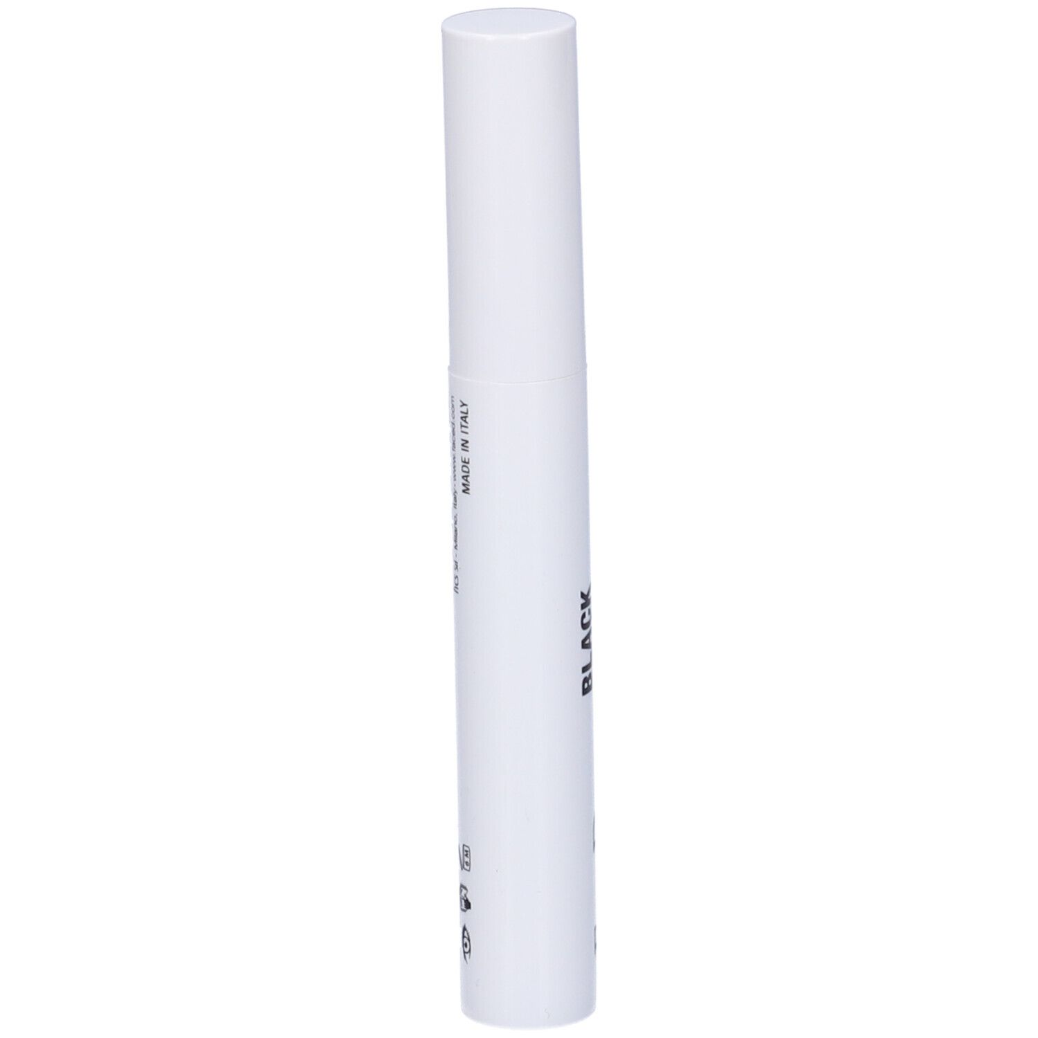 Contenitore di mascara bianco con testo nero: Black Keratin Mascara, FaceD. Instant Lift & Thick.