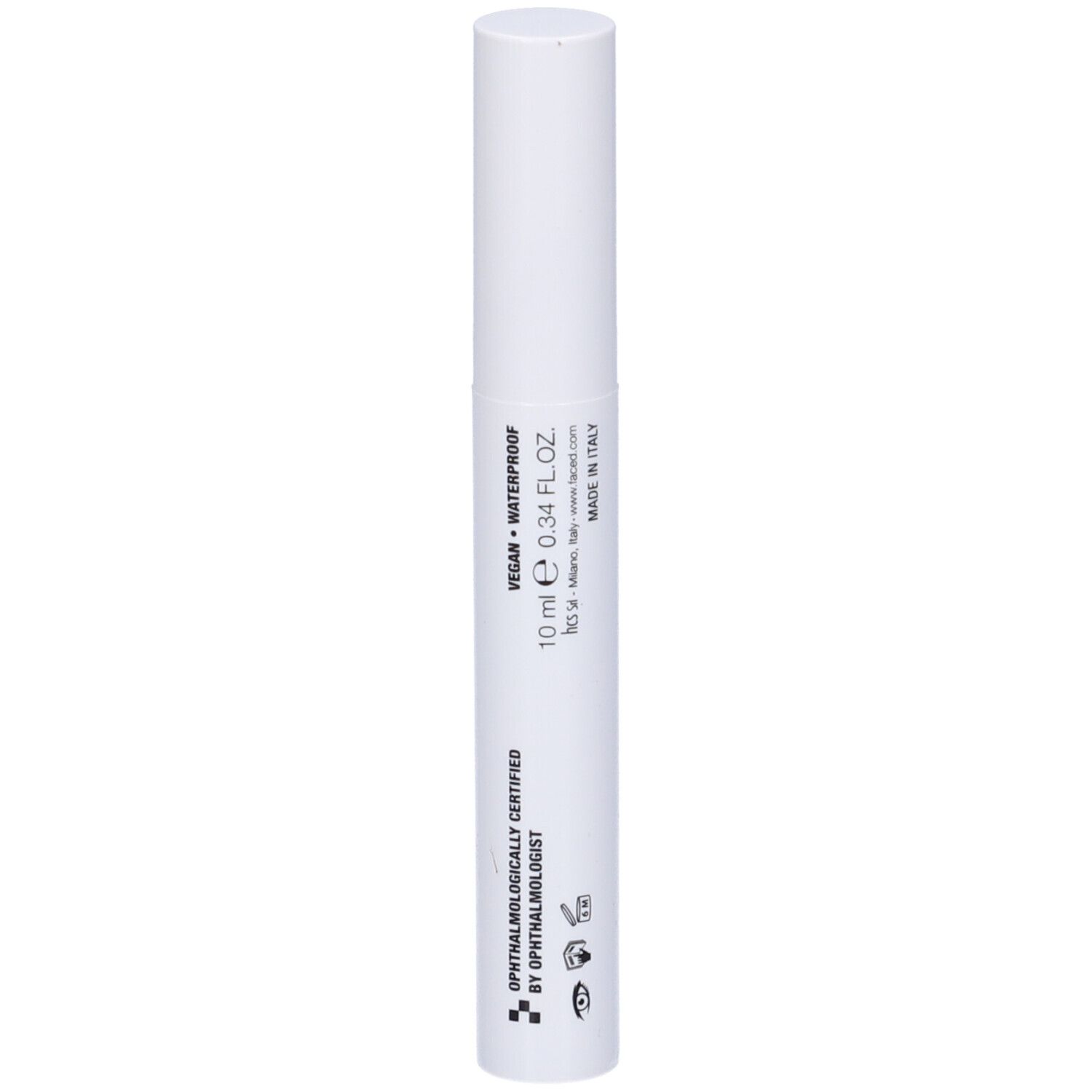 Contenitore di mascara bianco con testo nero. Scritta: Vegan, Waterproof, 10 ml, FaceD.