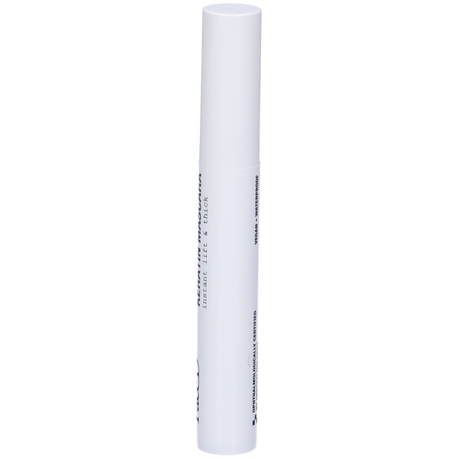 Contenitore di mascara bianco con testo nero: Black Keratin Mascara, FaceD. Instant Lift & Thick.