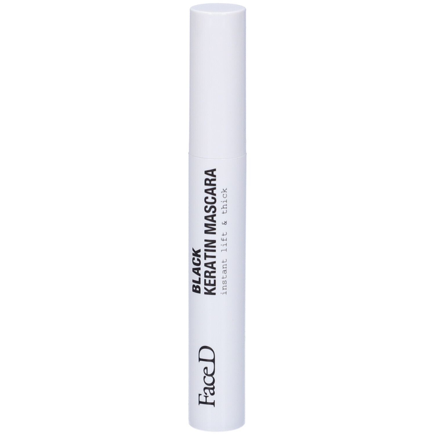 Contenitore di mascara bianco con testo nero: Black Keratin Mascara, FaceD. Instant Lift & Thick.
