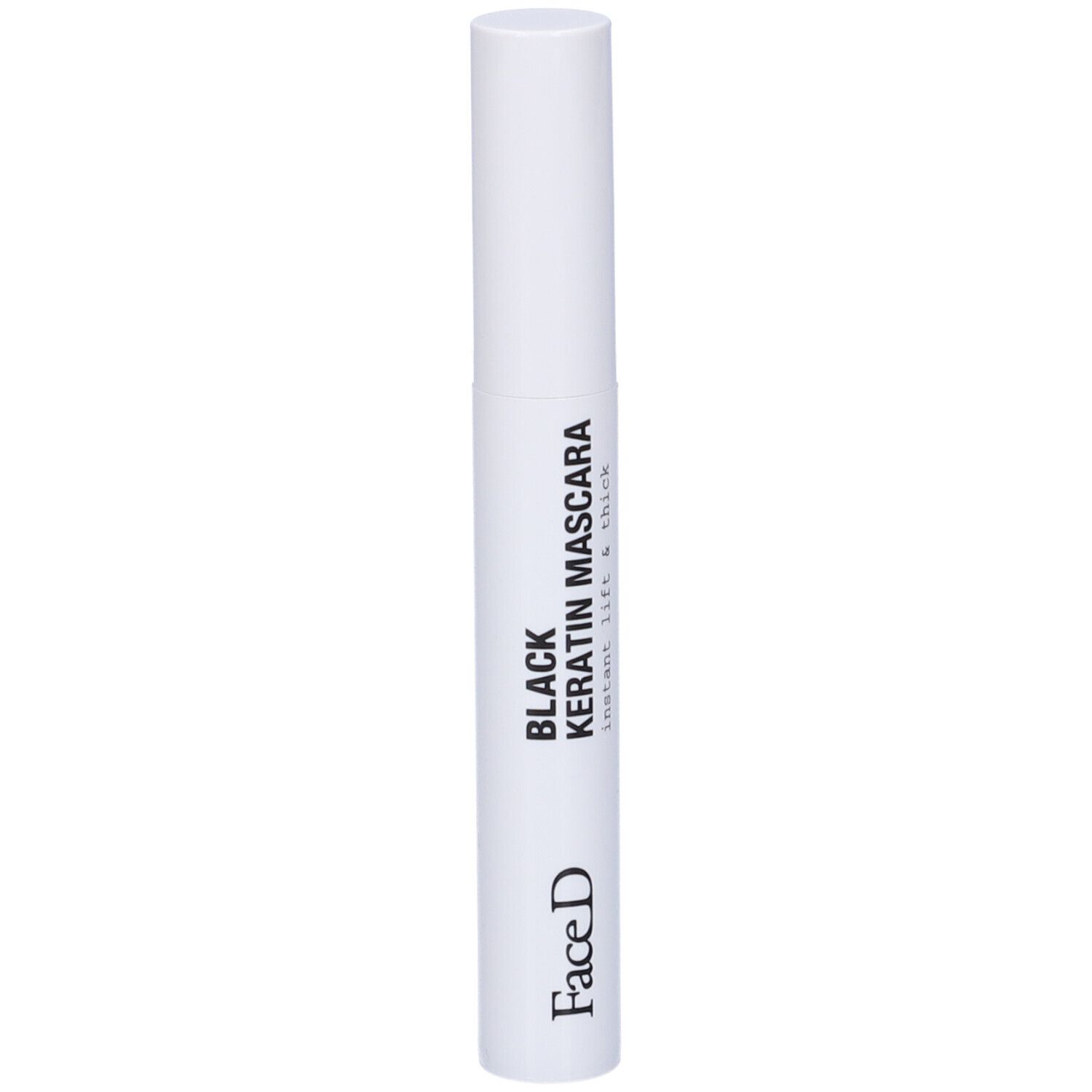 Contenitore di mascara bianco con testo nero: Black Keratin Mascara, FaceD. Instant Lift & Thick.