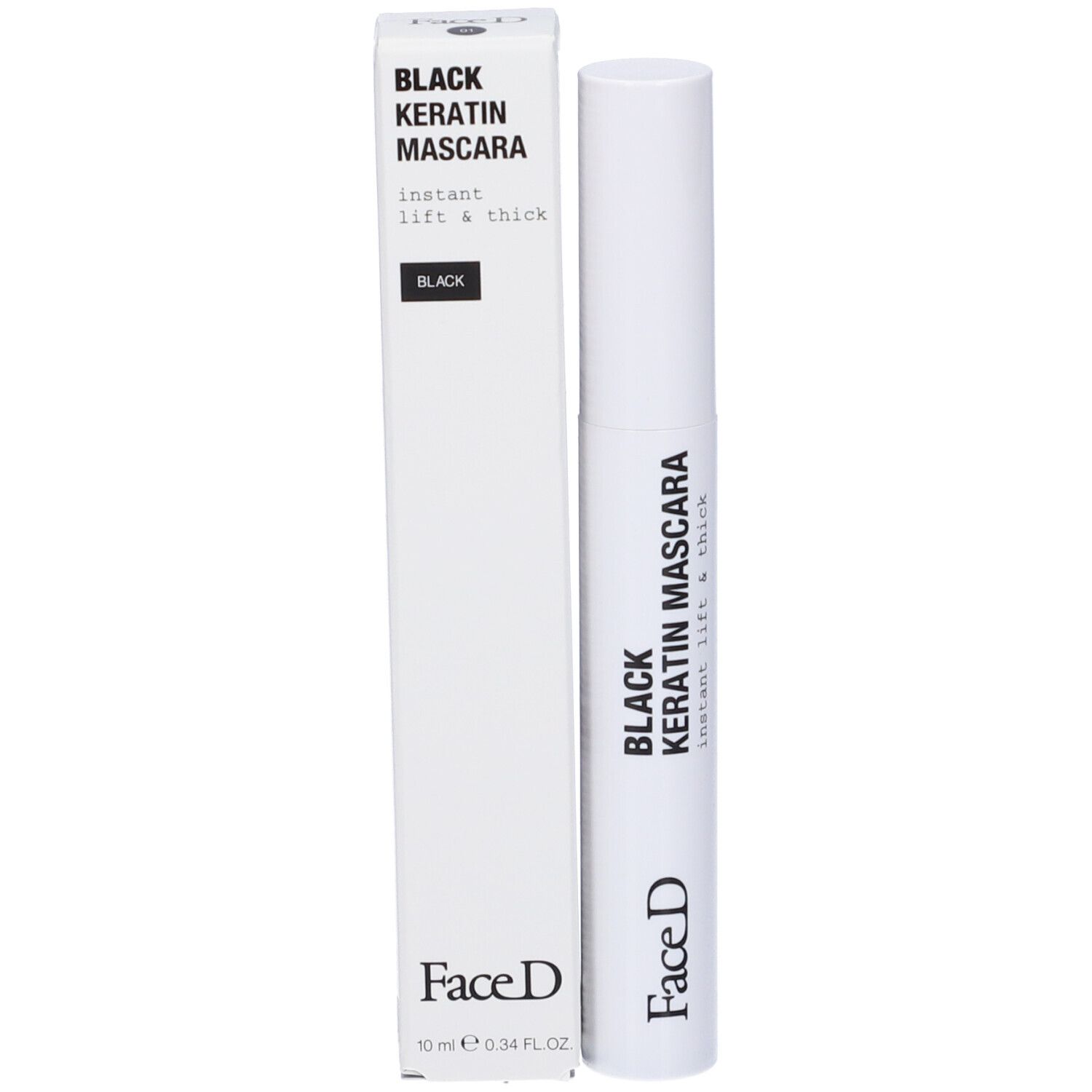 Confezione e contenitore di mascara. Testo nero: Black Keratin Mascara, FaceD. 10 ml.