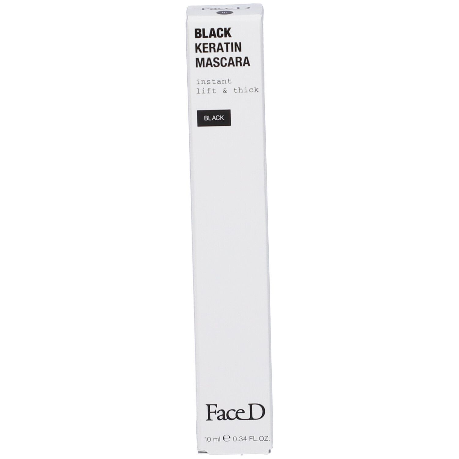 Confezione di mascara. Testo nero: Black Keratin Mascara, FaceD. 10 ml.