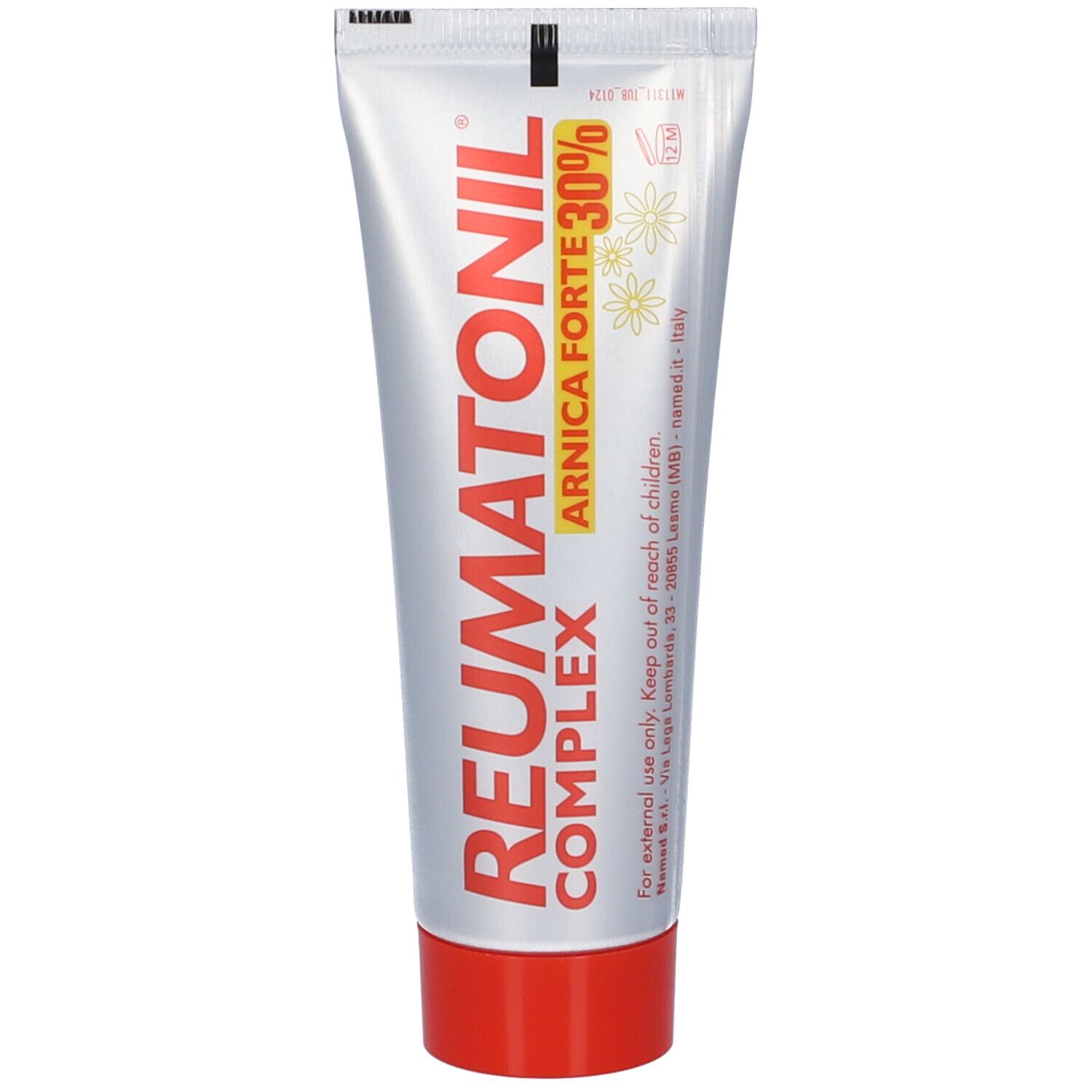 Tubo di gel Reumatonil Complex Arnica Forte 30% con informazioni sul retro