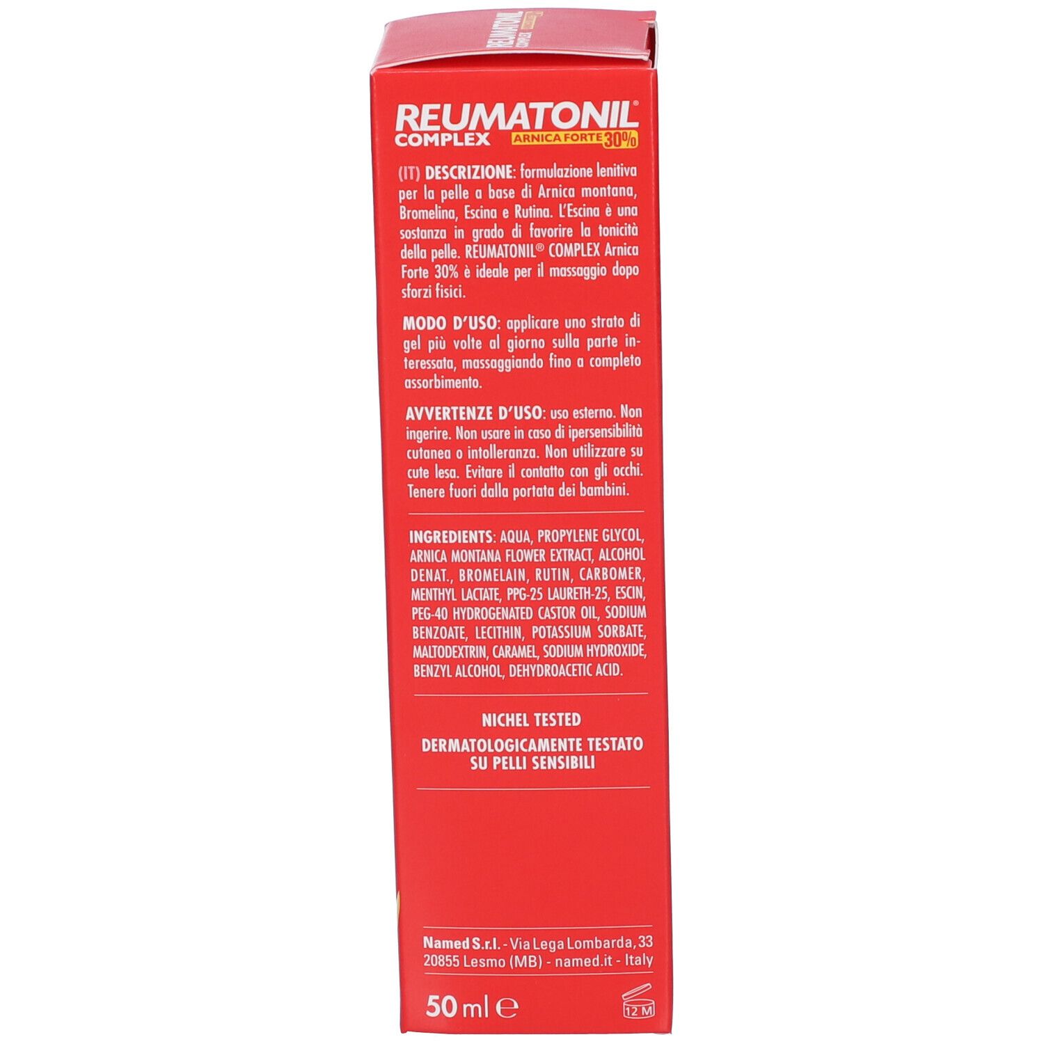 Retro della confezione del gel Reumatonil Complex Arnica Forte 30%