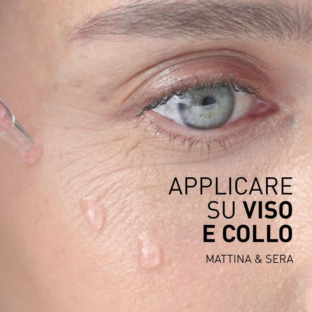 Gesicht mit Tropfen. Text: 'APPLICARE SU VISO E COLLO'.
