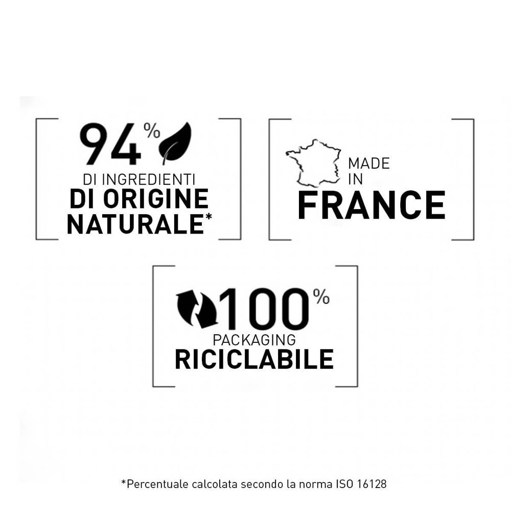 Symbole: 94% natürliche Inhaltsstoffe, Made in France, 100% recycelbare Verpackung.
