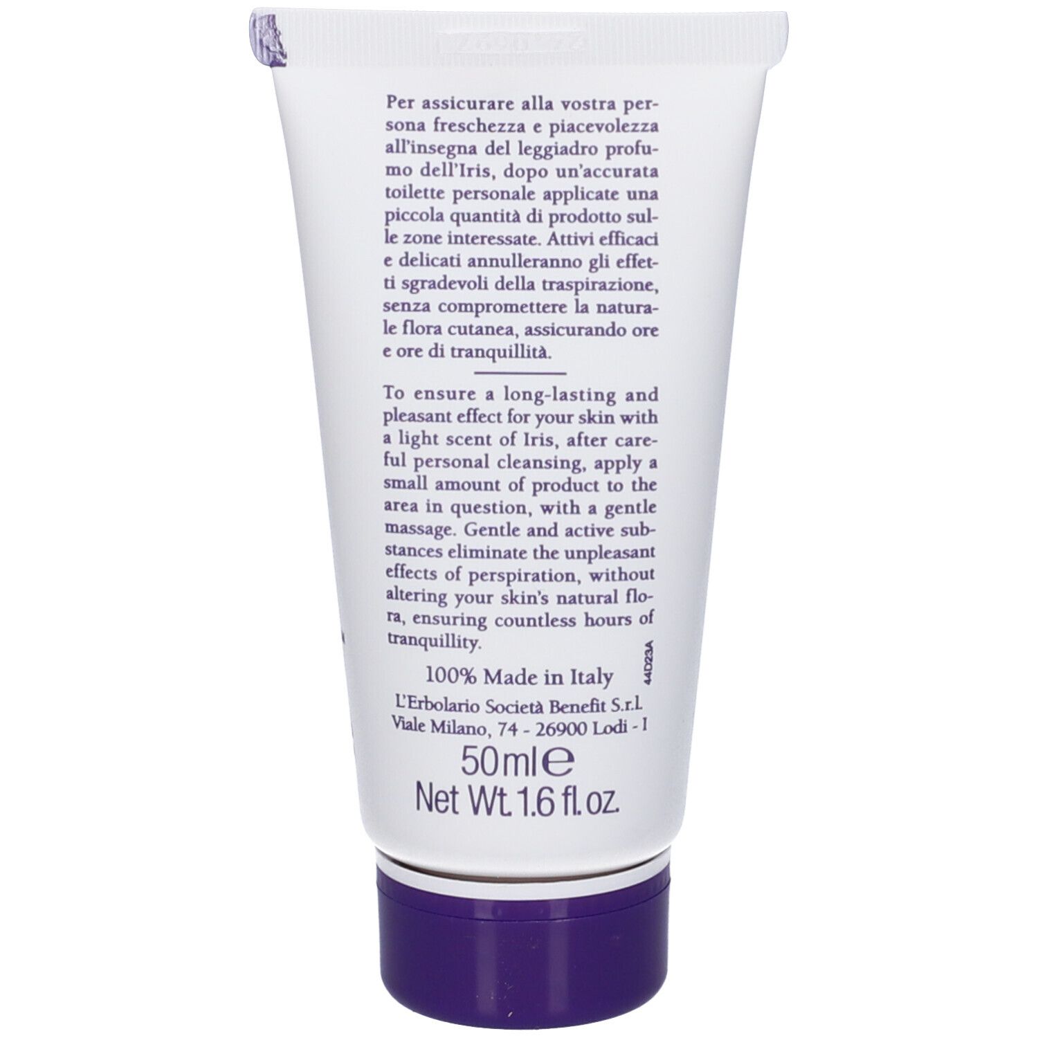 Weiße Tube mit lila Verschluss, 50ml Inhalt, mit italienischem und englischem Text.