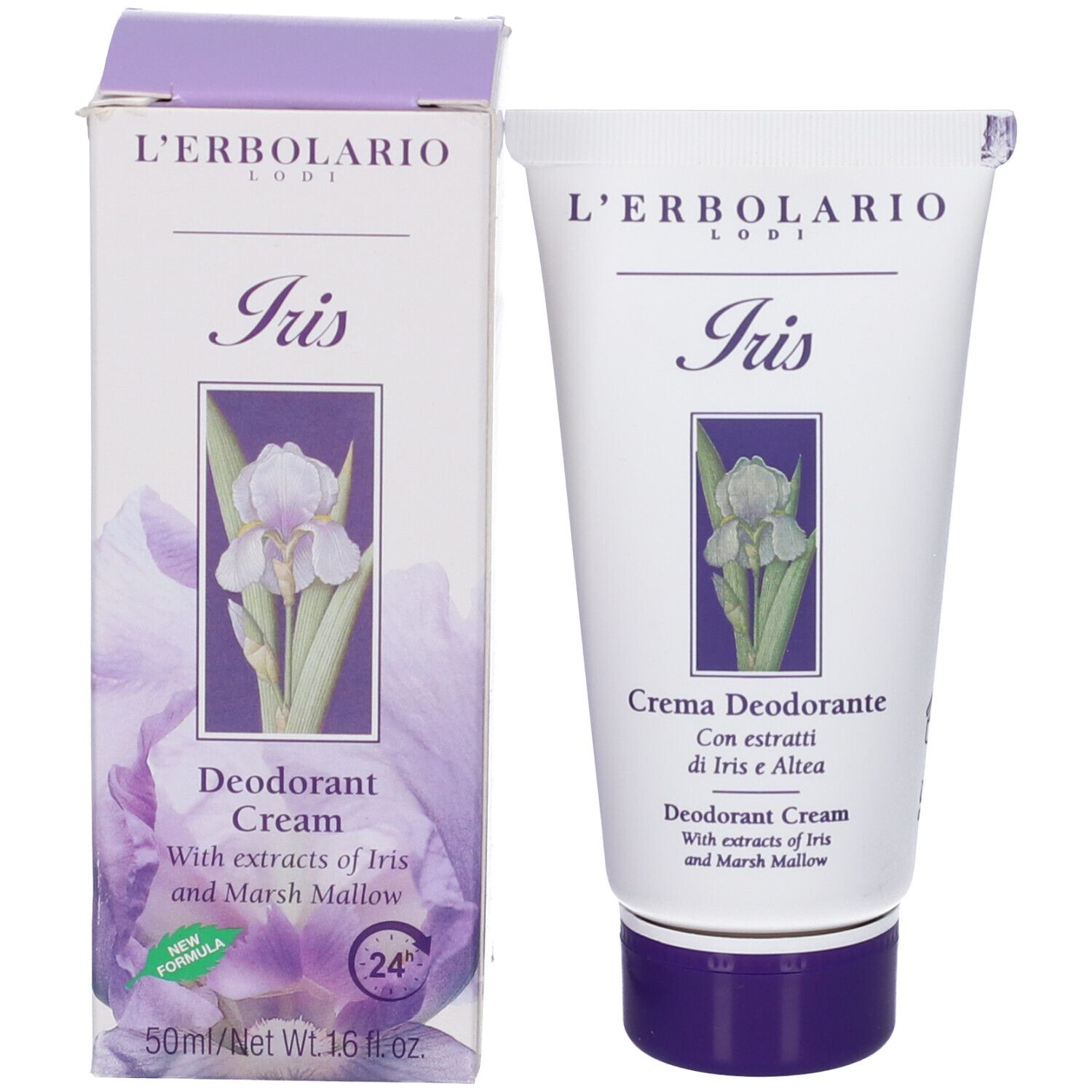 L'Erbolario Iris Deodorant Cream Tube und Karton, 50ml. Mit Iris- und Eibischextrakten.