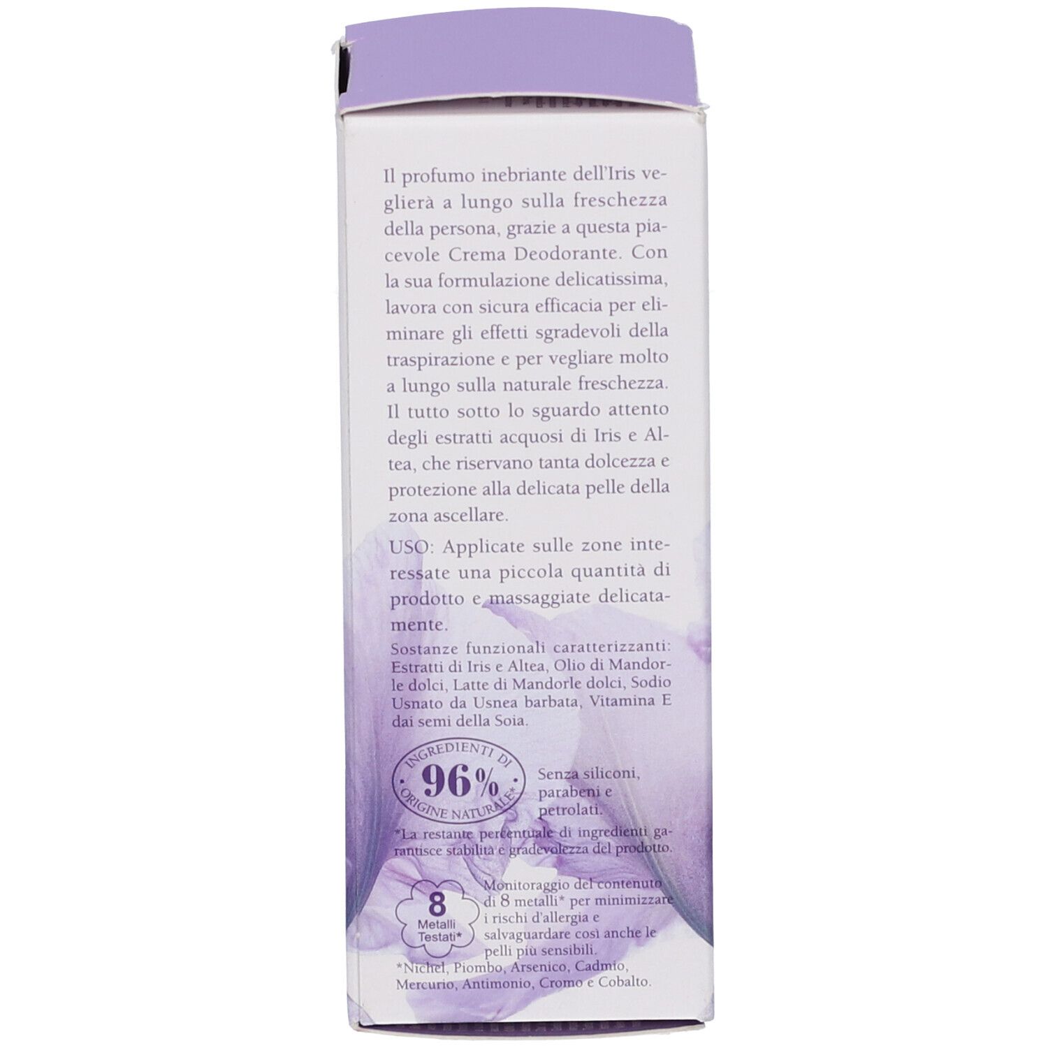 Verpackung einer Deodorant-Creme mit italienischer Textbeschreibung und Angabe von 96% natürlichen Inhaltsstoffen.