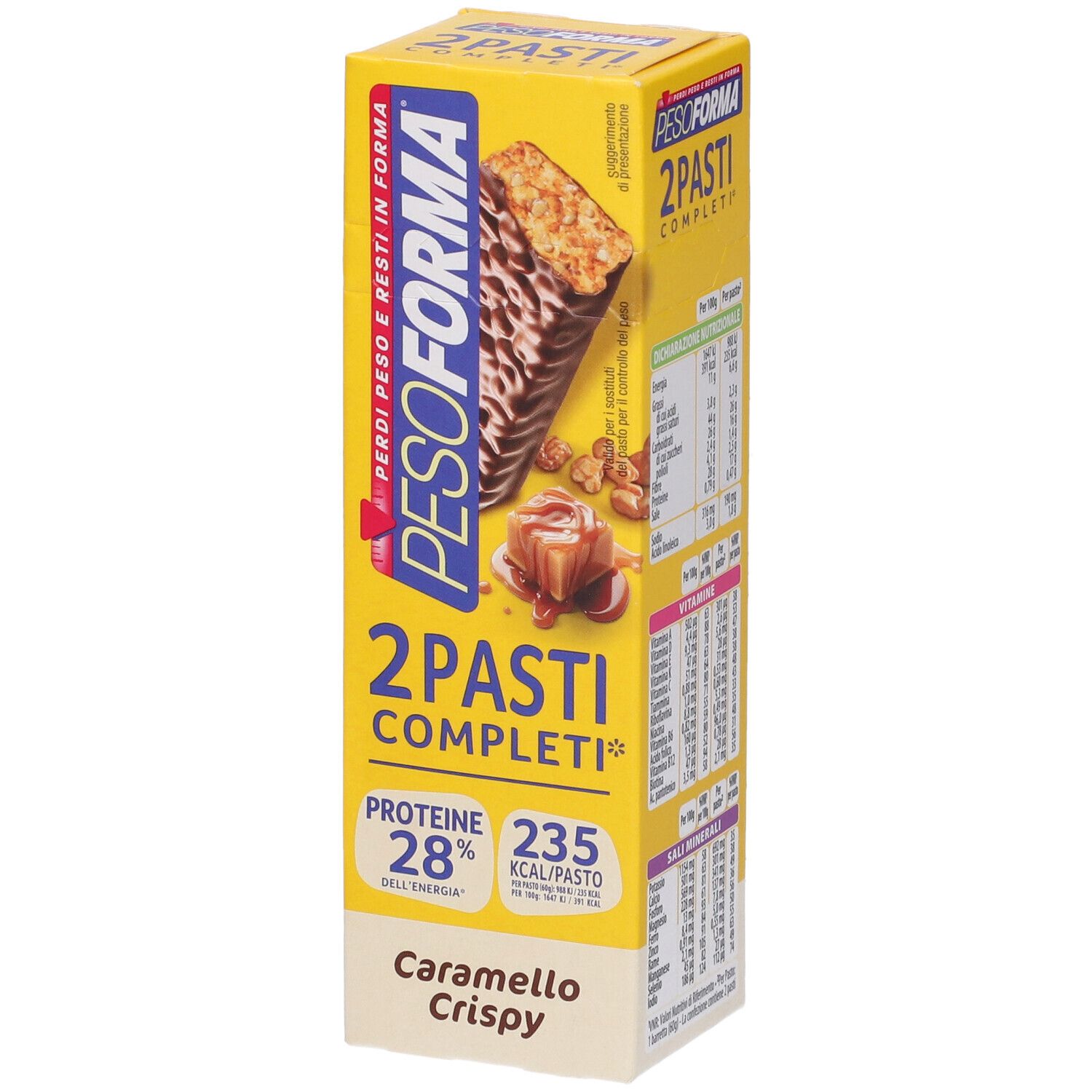 Scatola gialla Pesoforma Barrette Caramello Crispy. Contiene 28% proteine, 235 kcal per porzione. Scritto: 2 Pasti Completi.