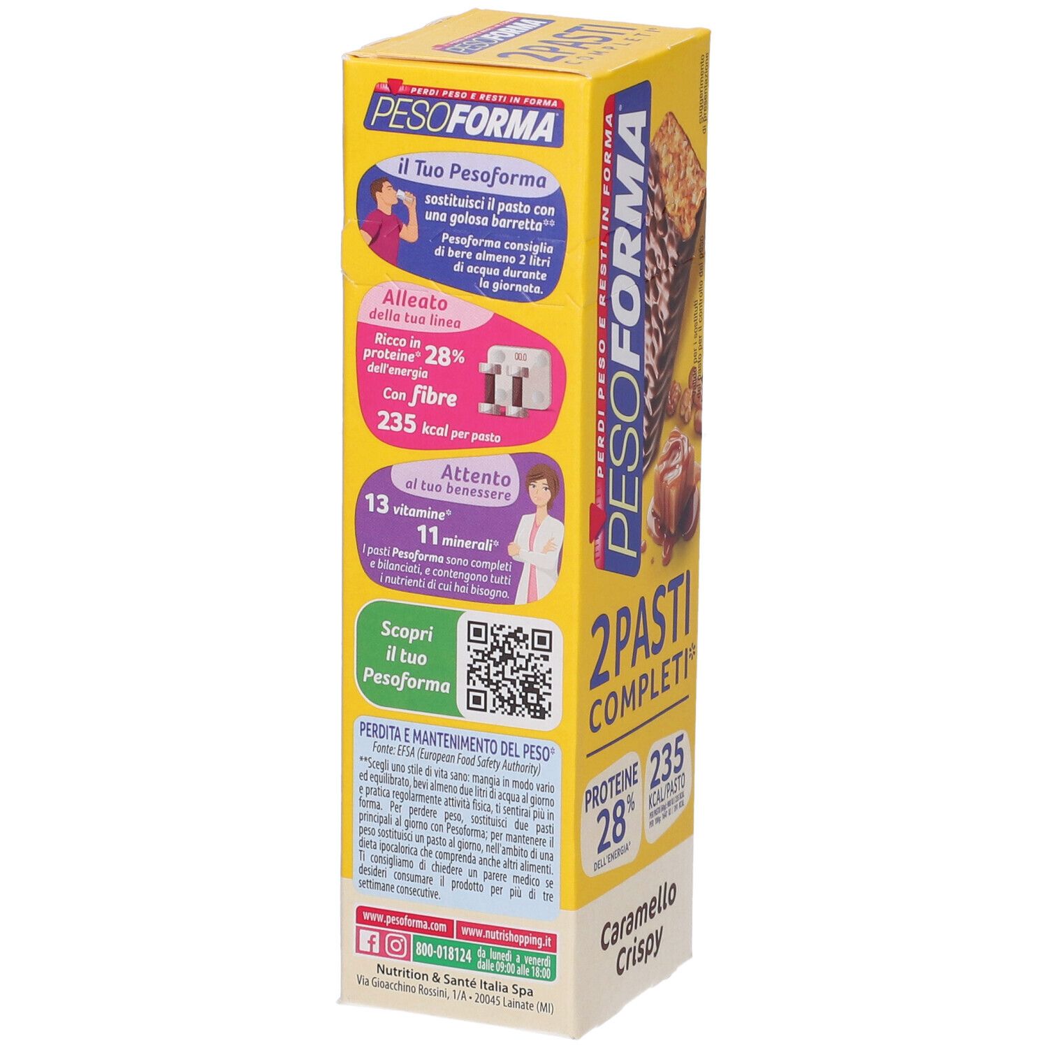 Scatola gialla Pesoforma Barrette Caramello Crispy. Retro con informazioni su proteine, fibre, vitamine e minerali.