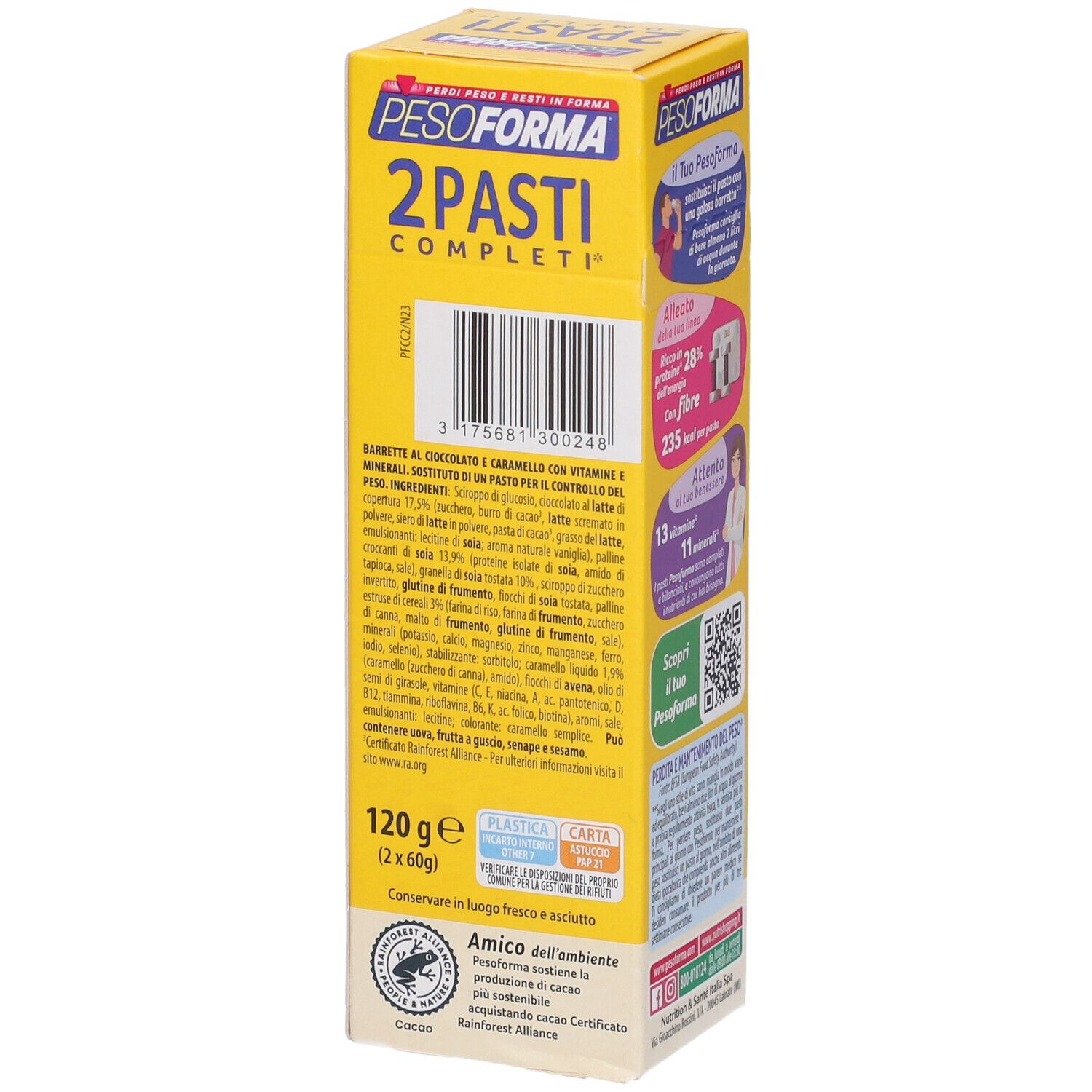 Scatola gialla Pesoforma Barrette Caramello Crispy. Contiene lista ingredienti, informazioni nutrizionali, peso e informazioni ambientali.