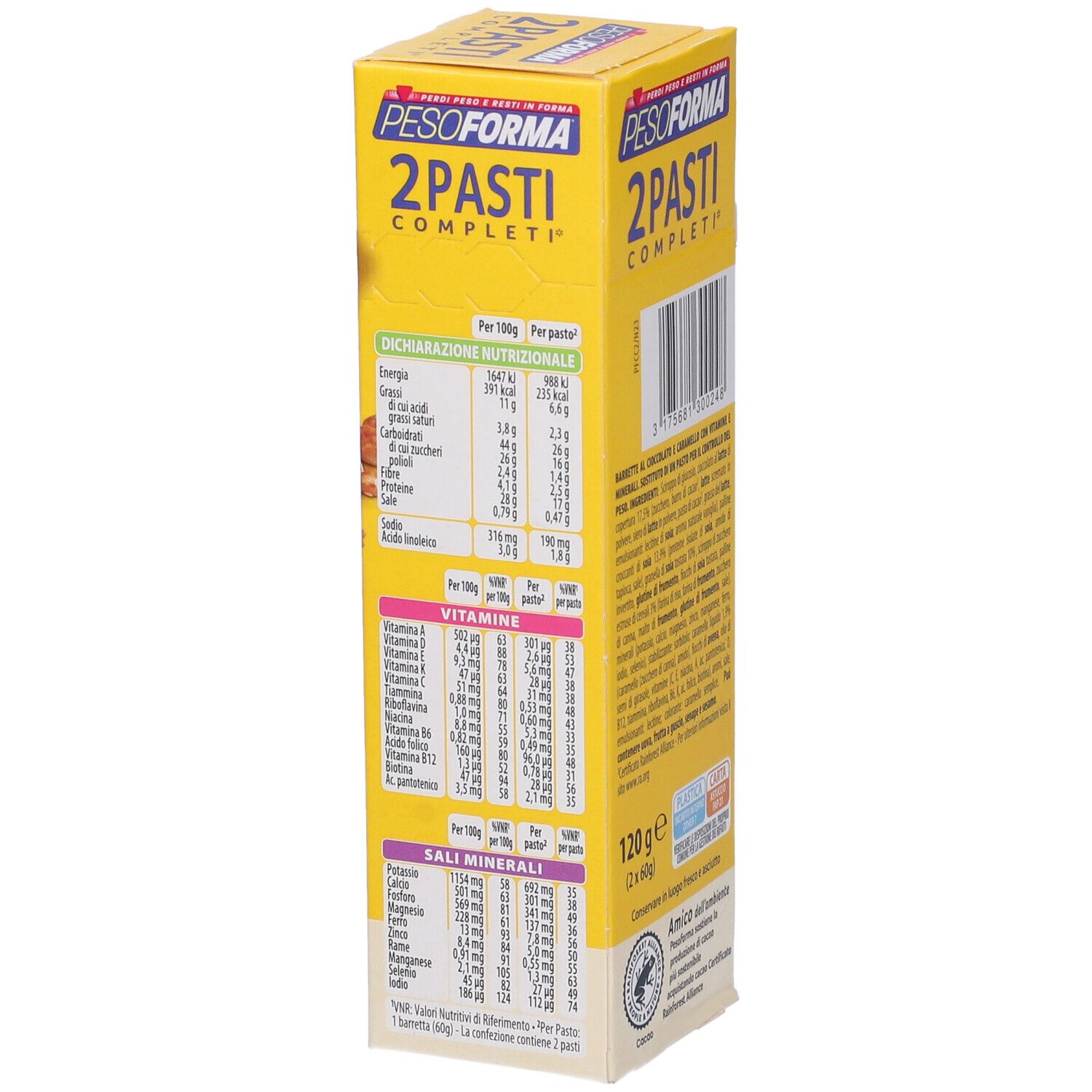 Scatola gialla Pesoforma Barrette Caramello Crispy. Contiene informazioni nutrizionali per 100g e per porzione, e minerali.