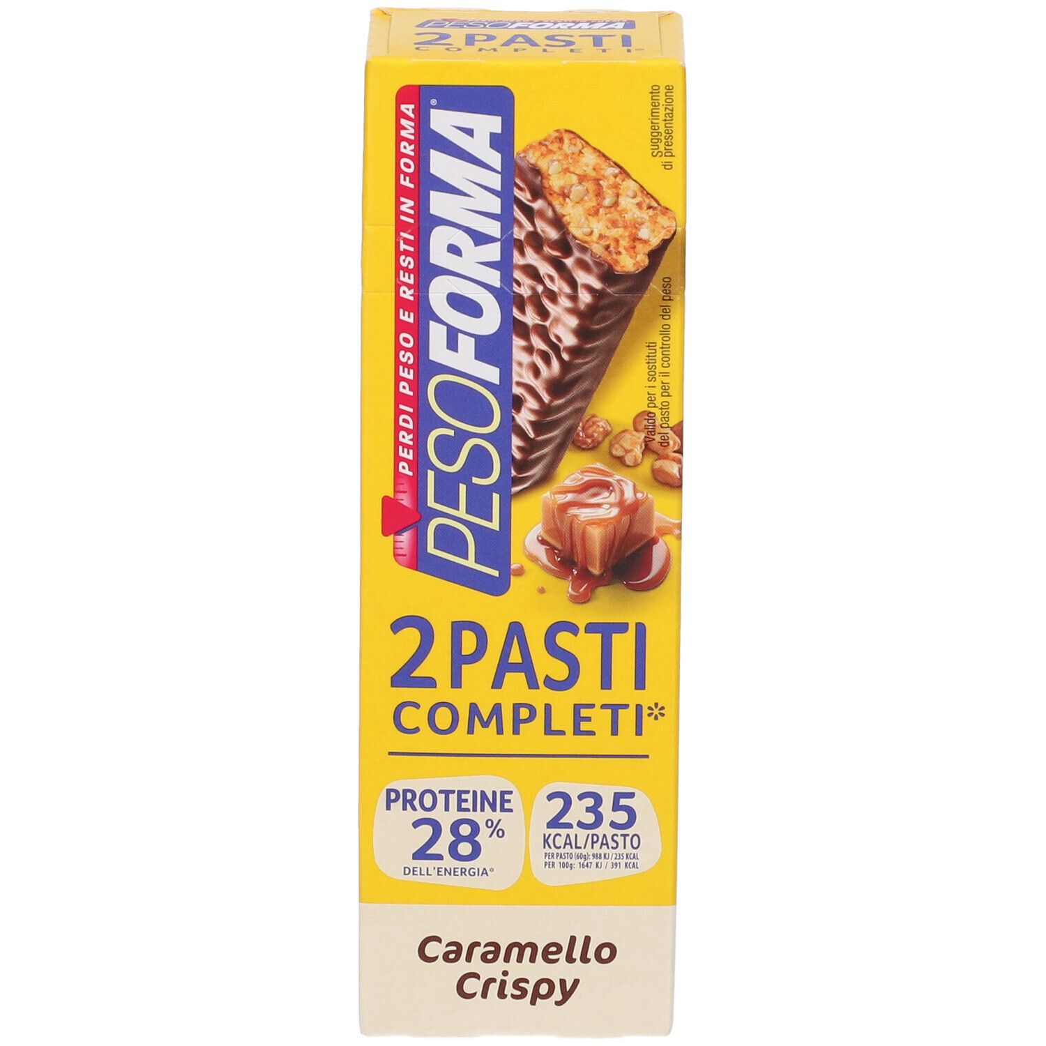 Scatola gialla Pesoforma Barrette Caramello Crispy. Fronte mostra prodotto e informazioni su proteine e calorie.