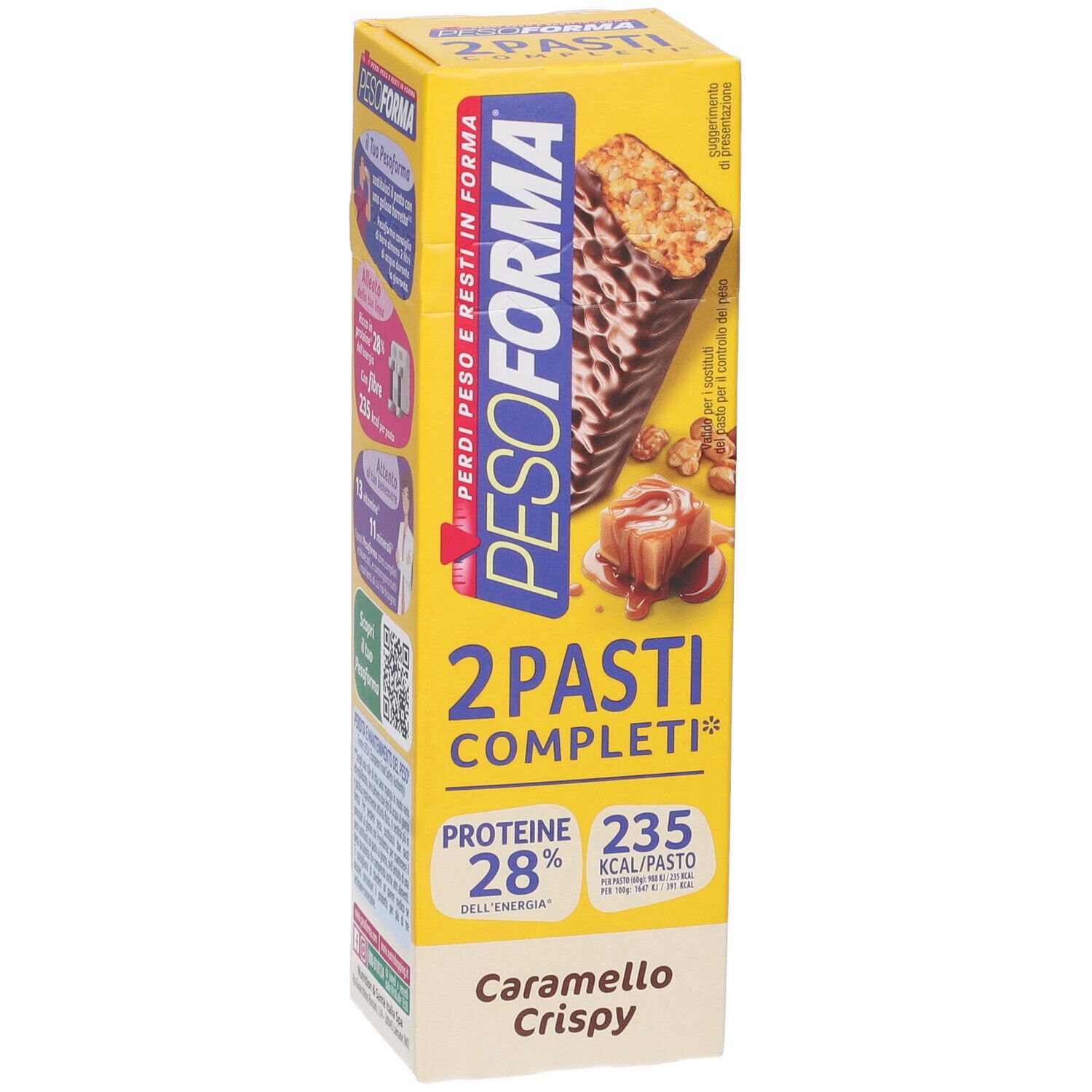 Scatola gialla Pesoforma Barrette Caramello Crispy. Fronte mostra prodotto, informazioni proteine e calorie, e codice QR.