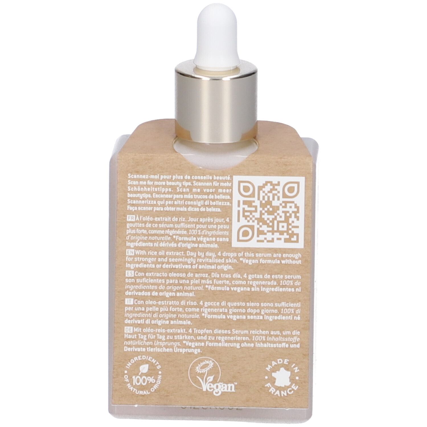 Retro del flacone di siero con testo e codice QR. Scritta: 100% natural, Vegan, Made in France.