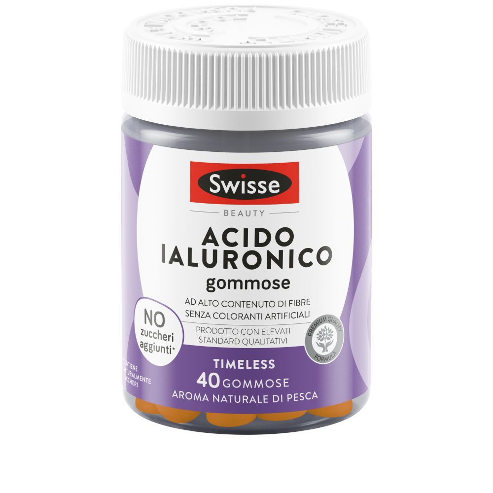 Barattolo rotondo di Swisse Acido Ialuronico Gommose. Coperchio bianco, etichetta viola con testo. 40 caramelle gommose.