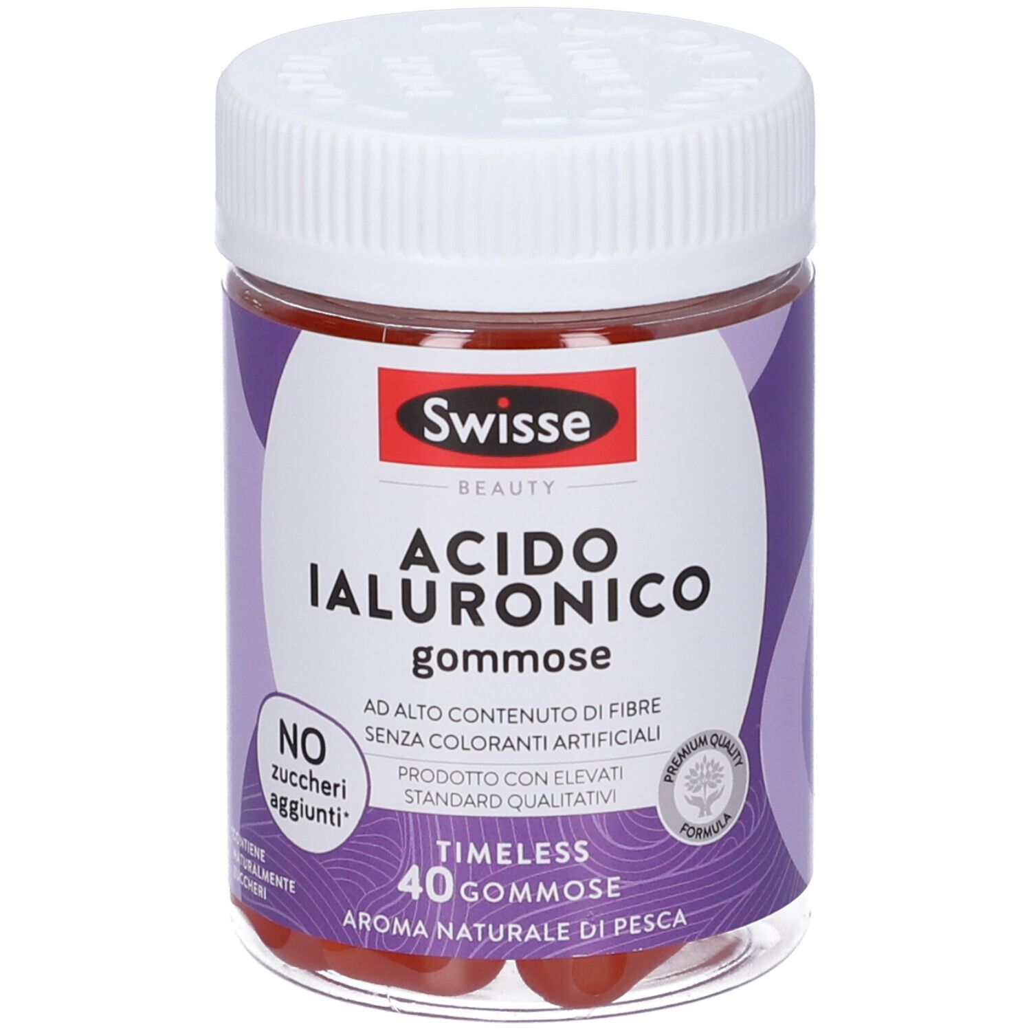 Barattolo rotondo Swisse Acido Ialuronico Gommose. Coperchio bianco, etichetta viola con testo. 40 caramelle gommose.