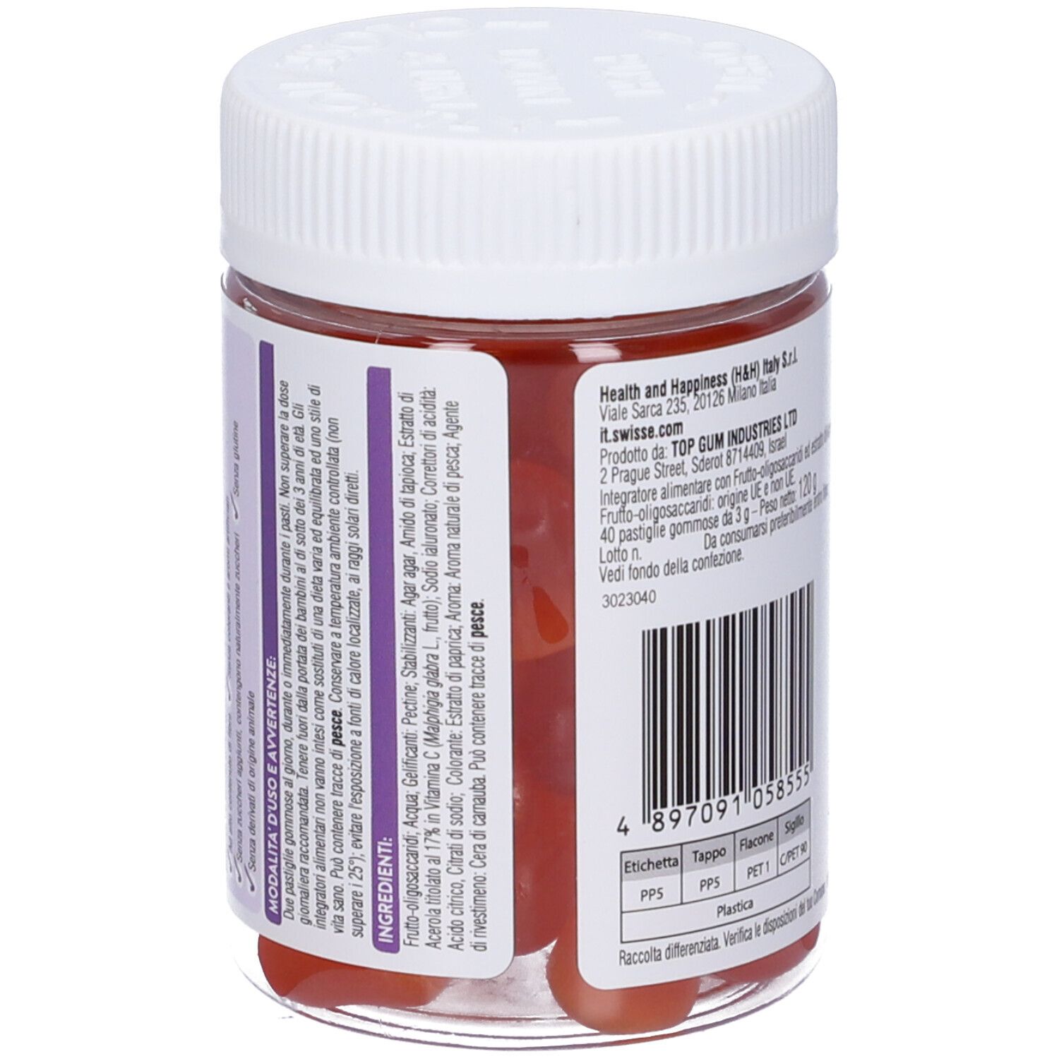 Barattolo rotondo Swisse Acido Ialuronico Gommose. Retro con testo e codice a barre. 40 caramelle gommose.