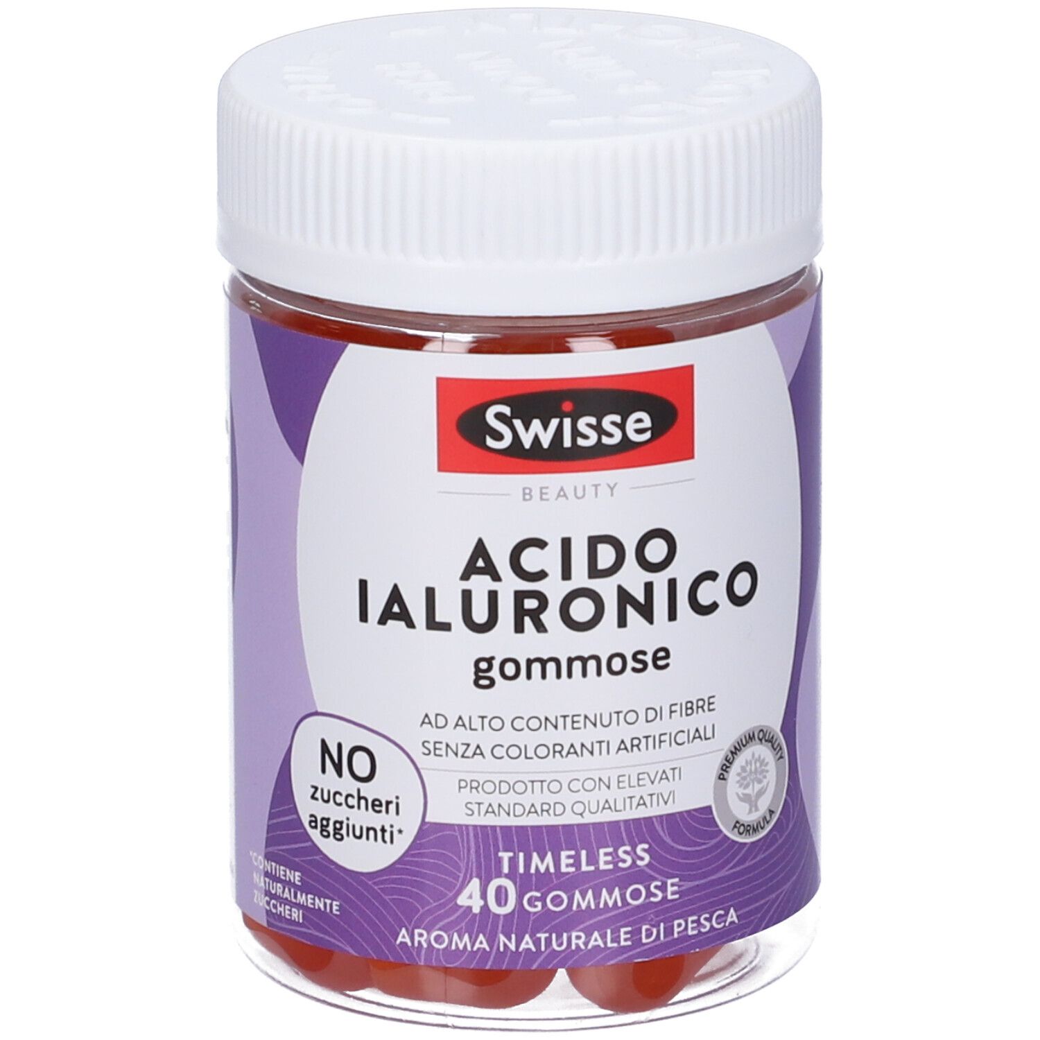 Barattolo rotondo Swisse Acido Ialuronico Gommose. Coperchio bianco, etichetta viola con testo. 40 caramelle gommose.
