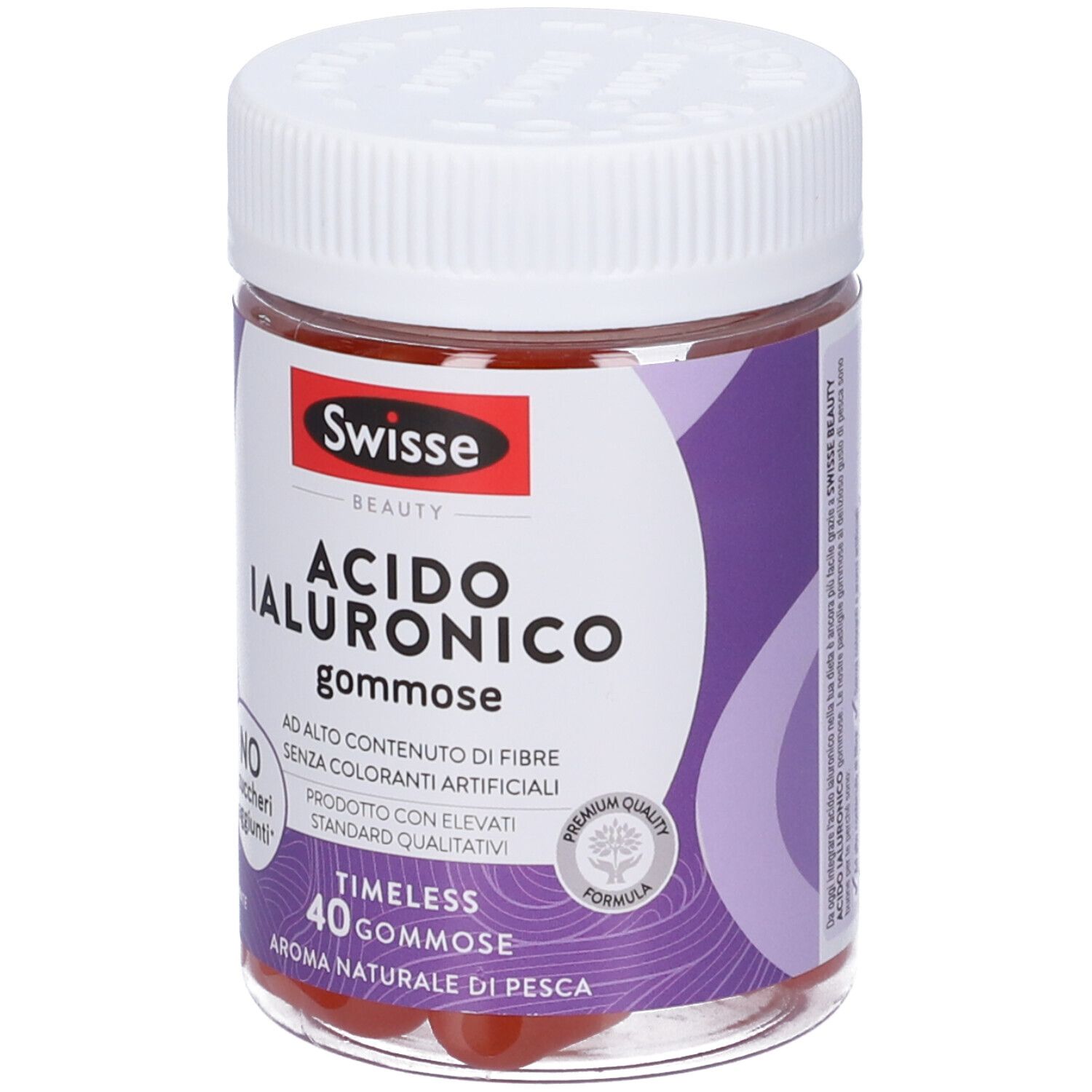 Barattolo rotondo Swisse Acido Ialuronico Gommose. Coperchio bianco, etichetta viola con testo. 40 caramelle gommose.