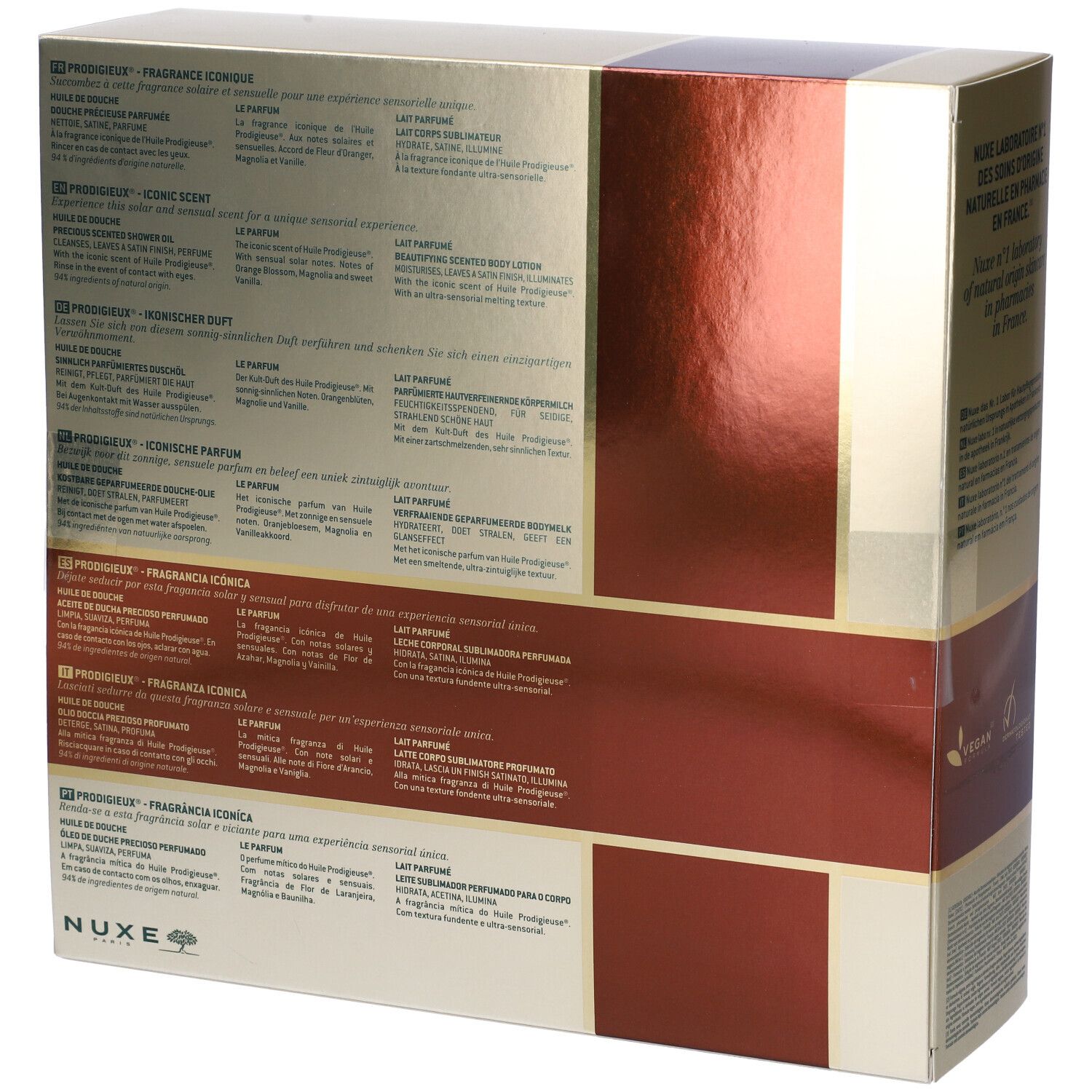Retro della confezione regalo. Testo multilingue. Scritta: Prodigieux, Fragrance Iconique. Logo Nuxe.