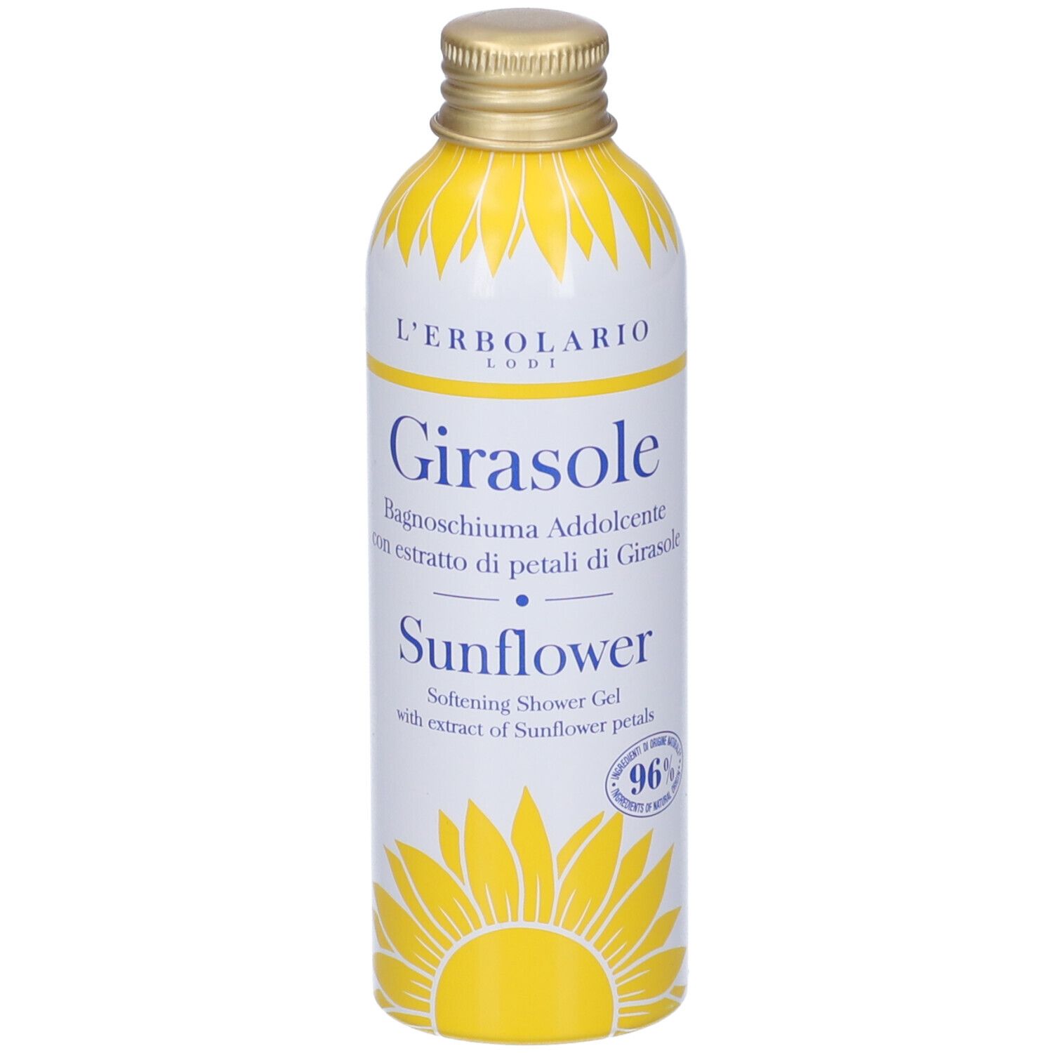 Flacone bianco e giallo con nome prodotto e design girasole. Tappo dorato. Testo: Girasole, Sunflower.
