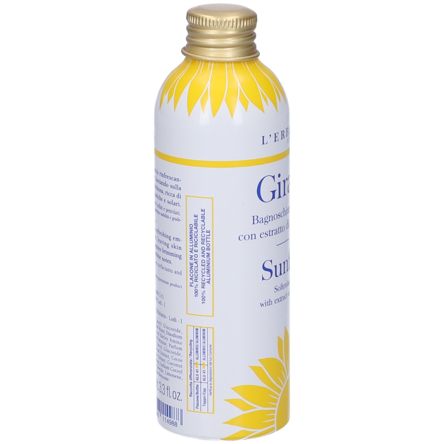 Flacone bianco e giallo, vista laterale. Testo: Girasole, Sunflower. Flacone in alluminio riciclabile al 100%.