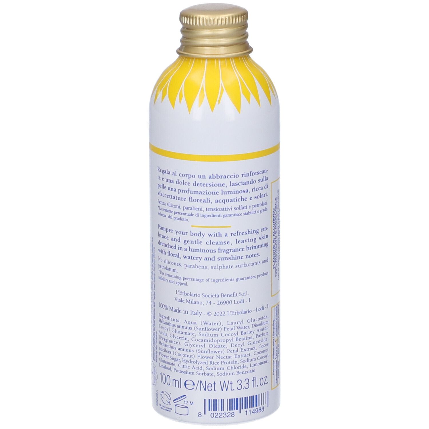 Retro del flacone. Testo in italiano e inglese. 100 ml. Ingredienti.
