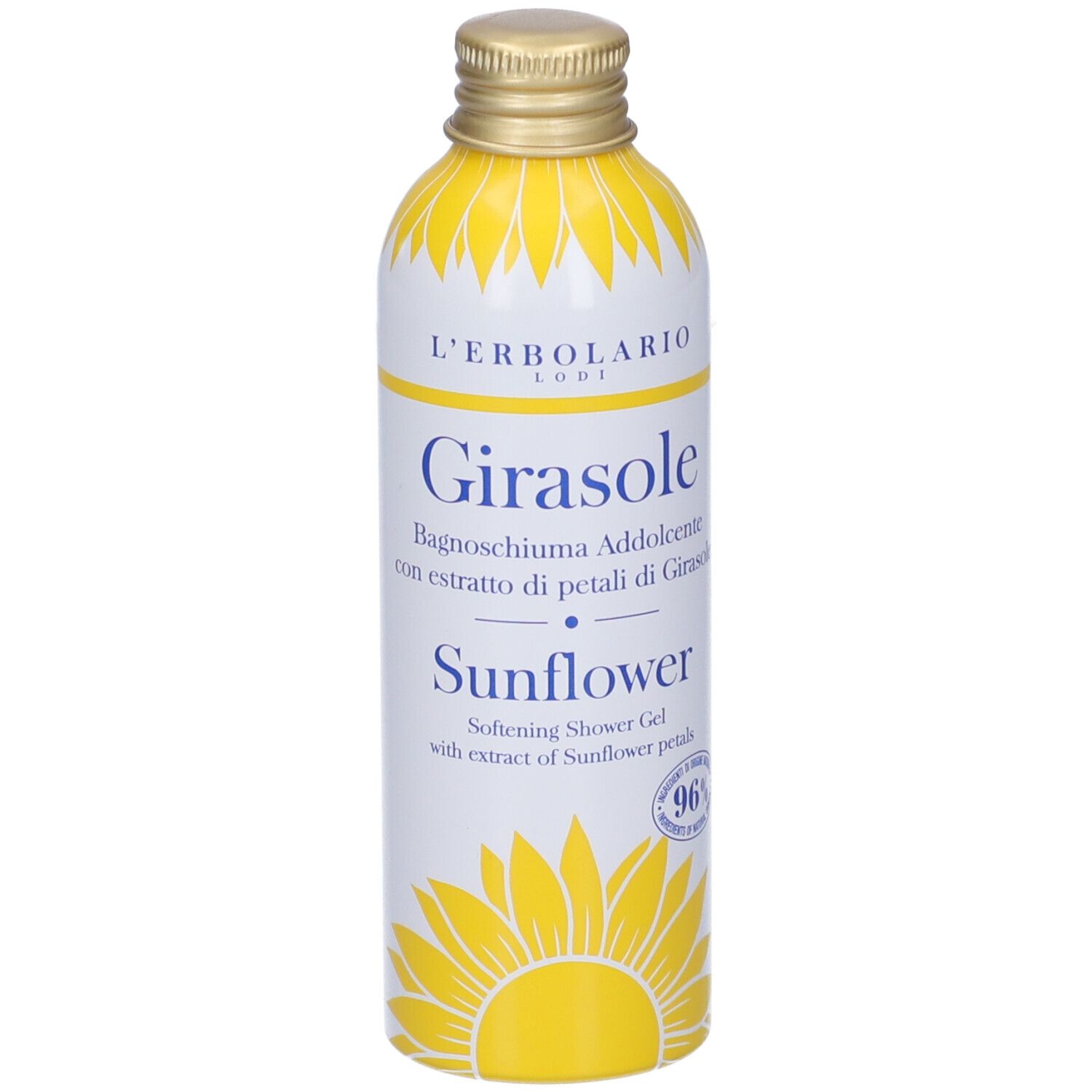 Flacone bianco e giallo con nome prodotto e design girasole. Tappo dorato. Testo: Girasole, Sunflower.