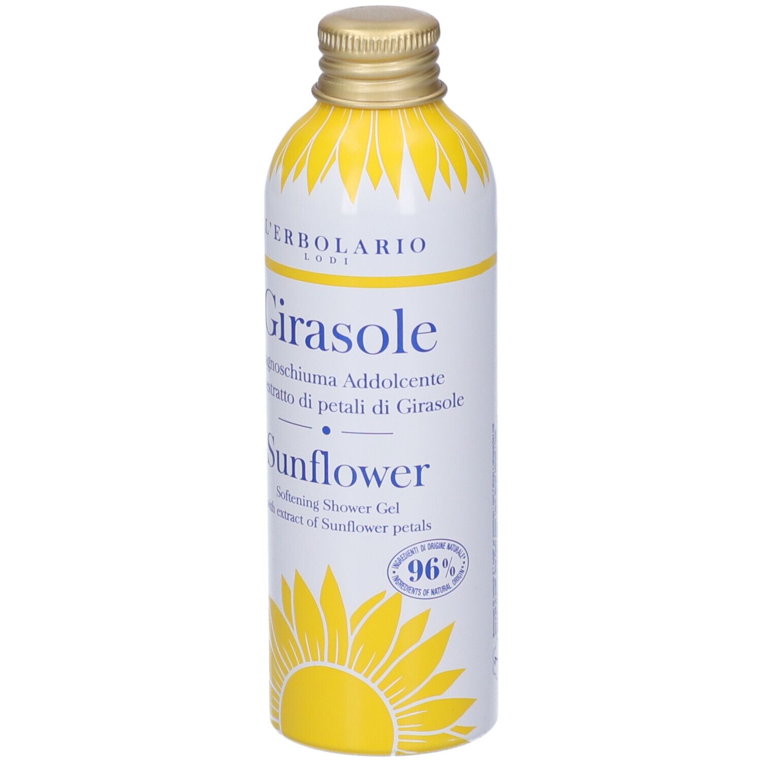 Flacone bianco e giallo con nome prodotto e design girasole. Tappo dorato. Testo: Girasole, Sunflower. 96% ingredienti naturali.