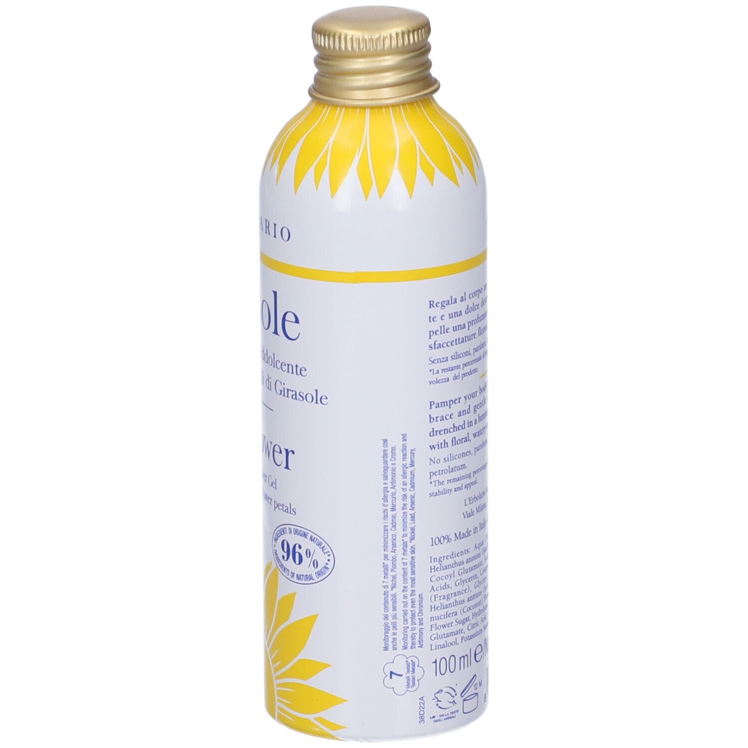 Retro del flacone. Testo in italiano e inglese. 100 ml. 96% ingredienti naturali.