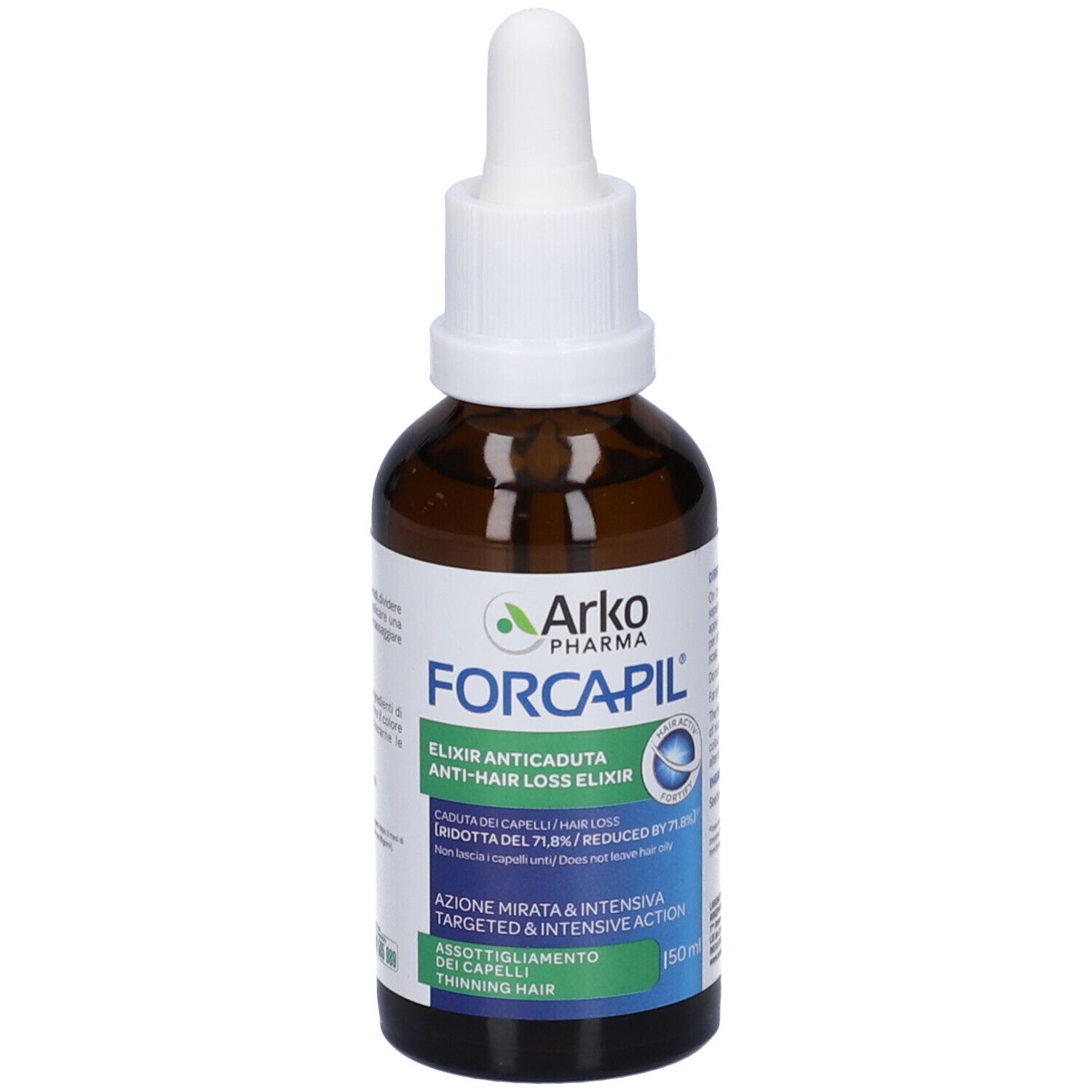 Braune Glasflasche mit Pipette, Arko Pharma Forcapil Elixier gegen Haarausfall, 150ml.