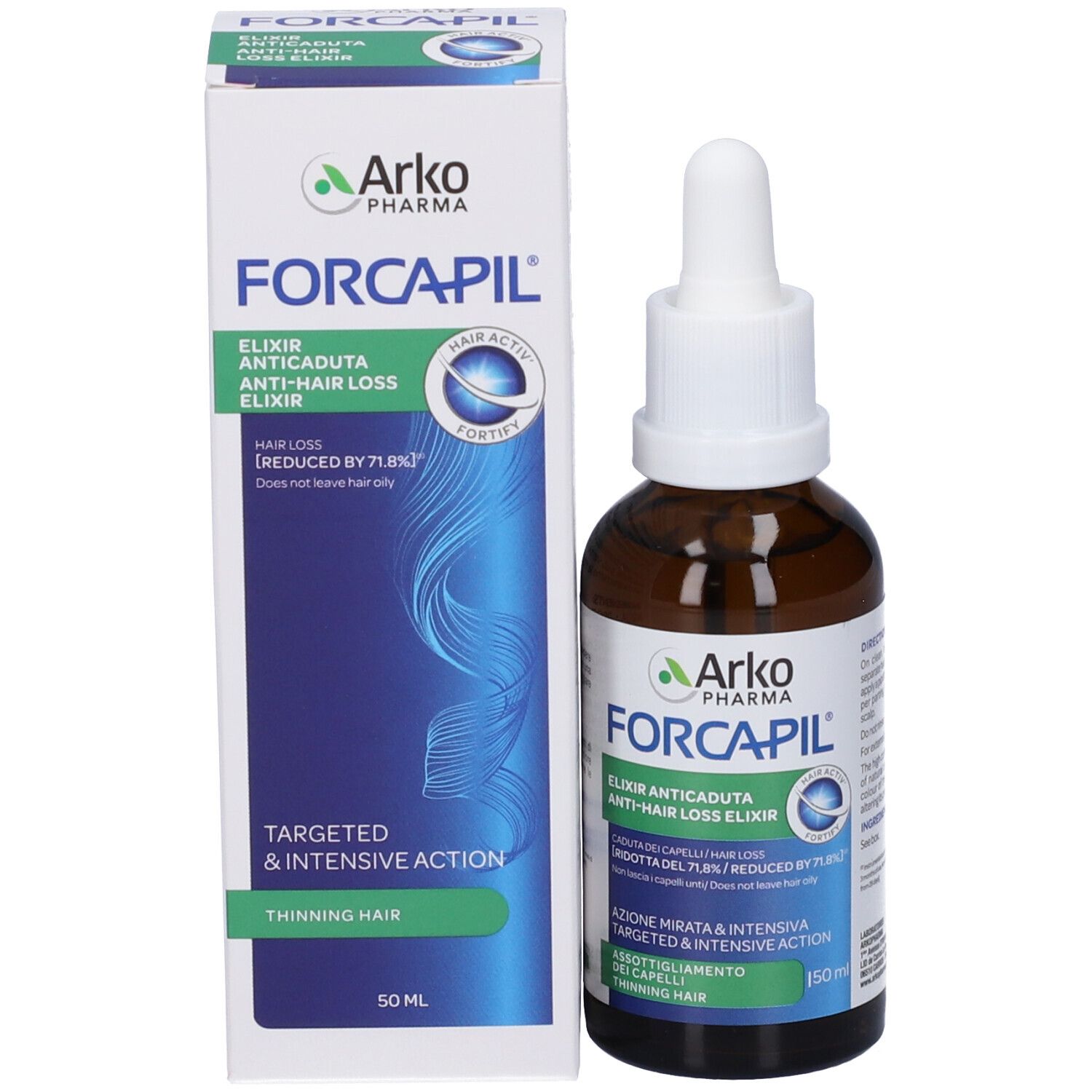 Arko Pharma Forcapil Anti-Haarausfall Elixier in Braunglasflasche mit Pipette. Kartonverpackung daneben.