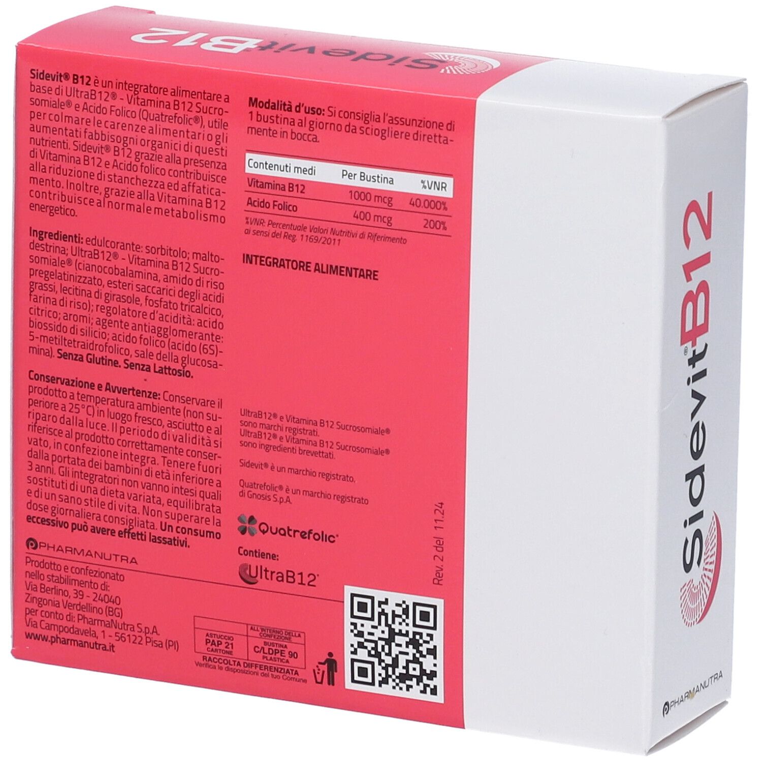 Rückseite der Schachtel mit Text und Inhaltsangaben. Marke: Sidevit B12. Enthält UltraB12 und Quatrefolic.