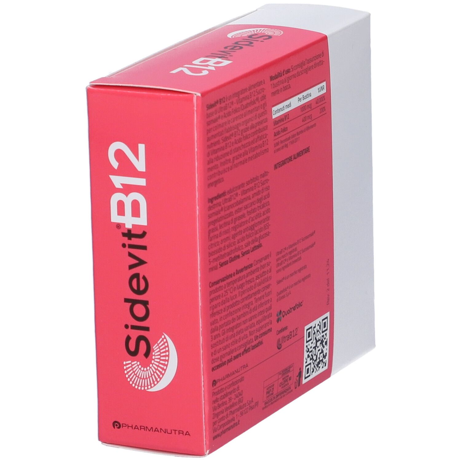 Rote und weiße Schachtel mit Text und Inhaltsangaben. Marke: Sidevit B12. Enthält UltraB12 und Quatrefolic.